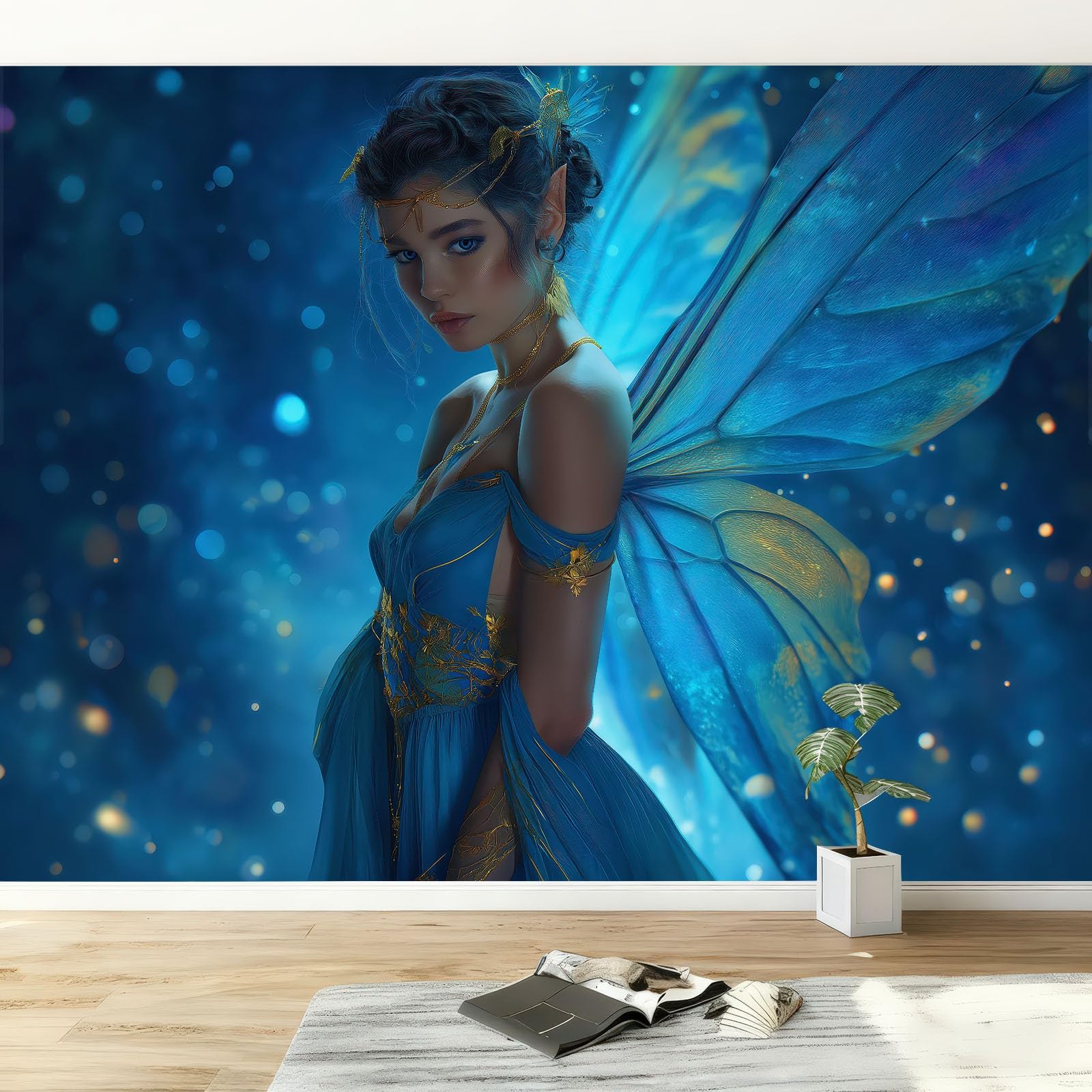 Genérico Fototapeta Fantasy Las Elegancka Wróżka 250 x 175 cm Wełna Tapeta XXL Fototapety Włóknina Dekoracja ścienna Salon Sypialnia Biuro Salon Niebieski