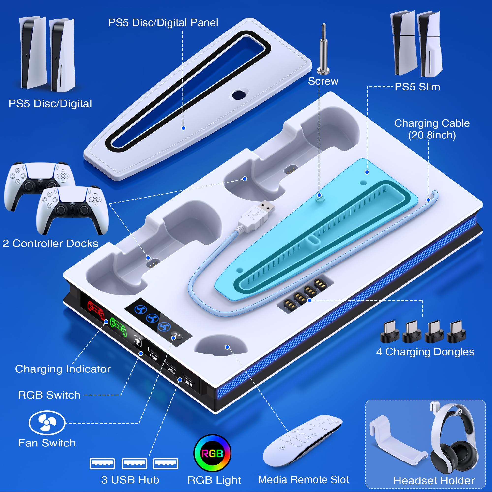 GAMSINGY PS5 Ständer mit Lüfter, Standfuß für Disc/Digital Edition, Headset Halterung/ Controller Ladestation/ Fernbedienung Solt/3 USB Hub, Zubehör für Playstation 5 Konsole