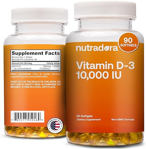 Nutradora Cápsulas blandas de vitamina D3 de 10000 UI Suplementos de vitamina D para mujeres y hombres con apoyo inmunológico, función cognitiva,