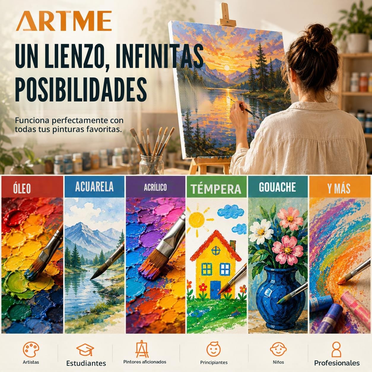 Artme Lienzos preestirados 8 piezas (24x30-2pz, 30x40-2pz, 40x50-2pz, 50x60 -pz) de artista / 280GSM 100% algodón/blanco/triple imprimado/sin ácido/grano medio / 1.7cm Acrílico/Aceite