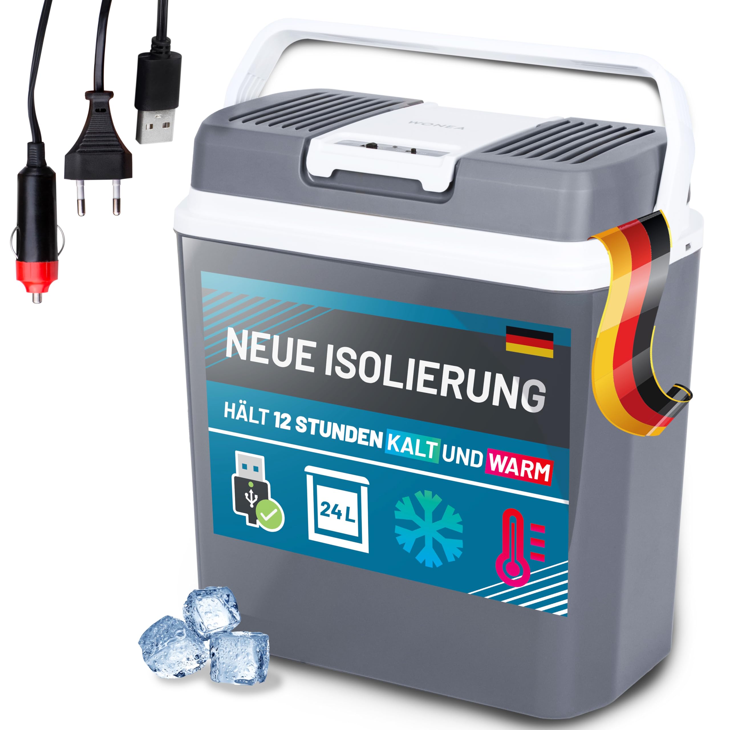WONEA 24 Liter Thermoelektrische Kühlbox mit USB Anschluss für Powerbank, 12V 230V KÜHLEN und WÄRMEN, Leise Camping Kühlbox Auto LKW