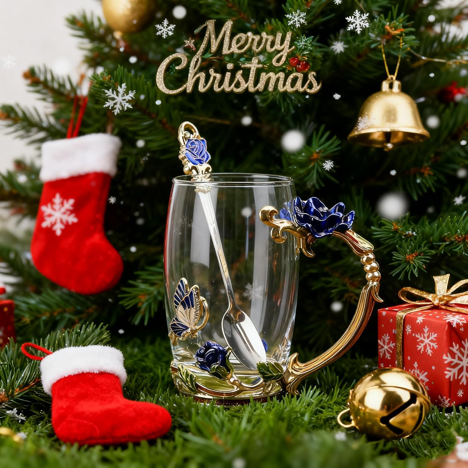 Gifts for Mom Women Unique Blue Tea Mug With Spoon Set & Flower Decoration - Top Birthday Christmas Gifts For Women Mom Who Has Everything