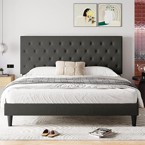 Miniatura 3 de HOOMIC Base de cama Queen con cabecera ajustable de diamante  marco de cama tapizado de tela  base de colchón  listones de madera  no necesita