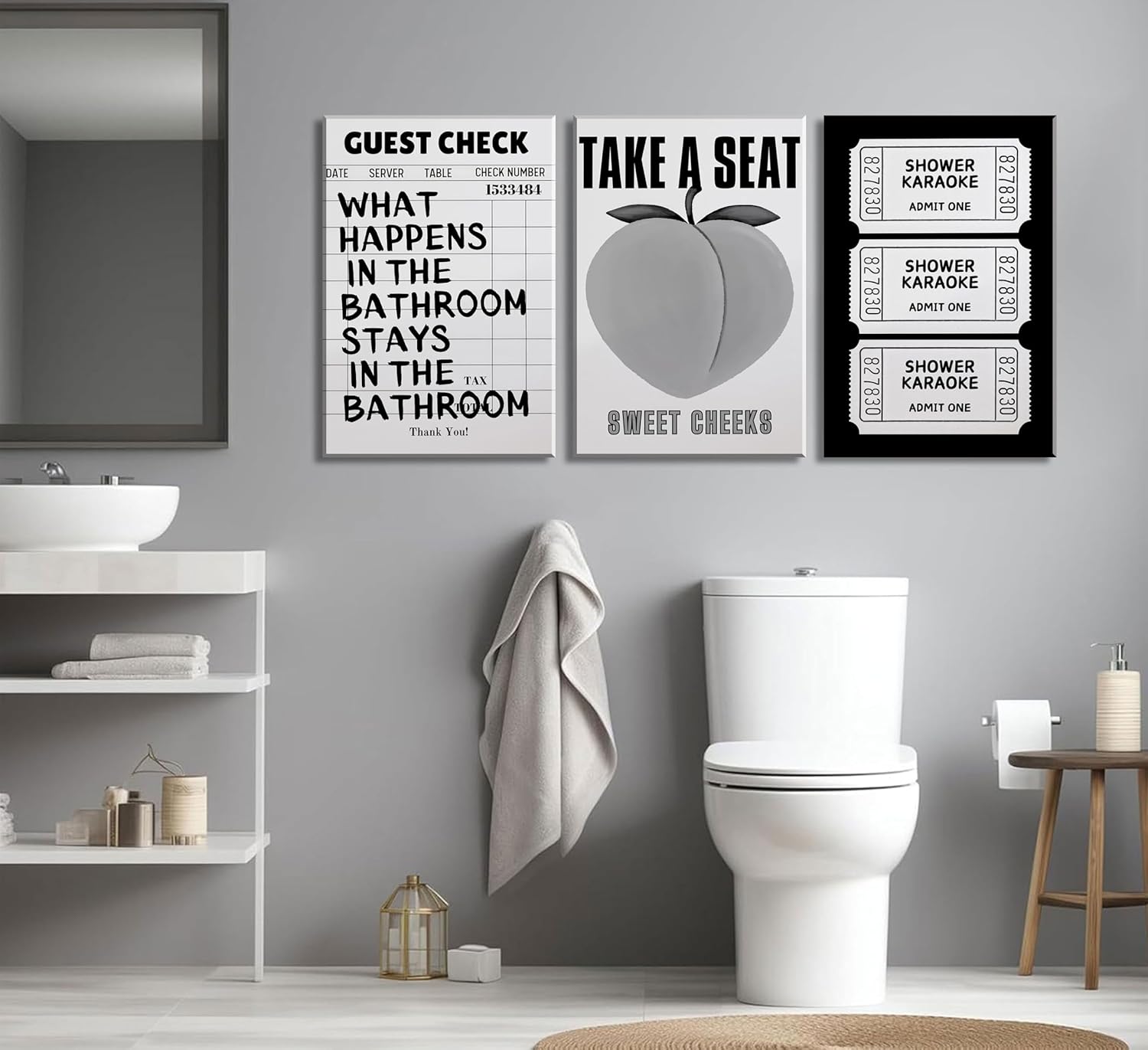 3Pcs Funny Bathroom Canvas Wall Art Humor Black and White Pictures Vintage Cute Preppy Posters Take A Seat Sweet Cheeks Peaches Prints Guest Bill Shower Karaoke Wall Decor 16x24in Framed
