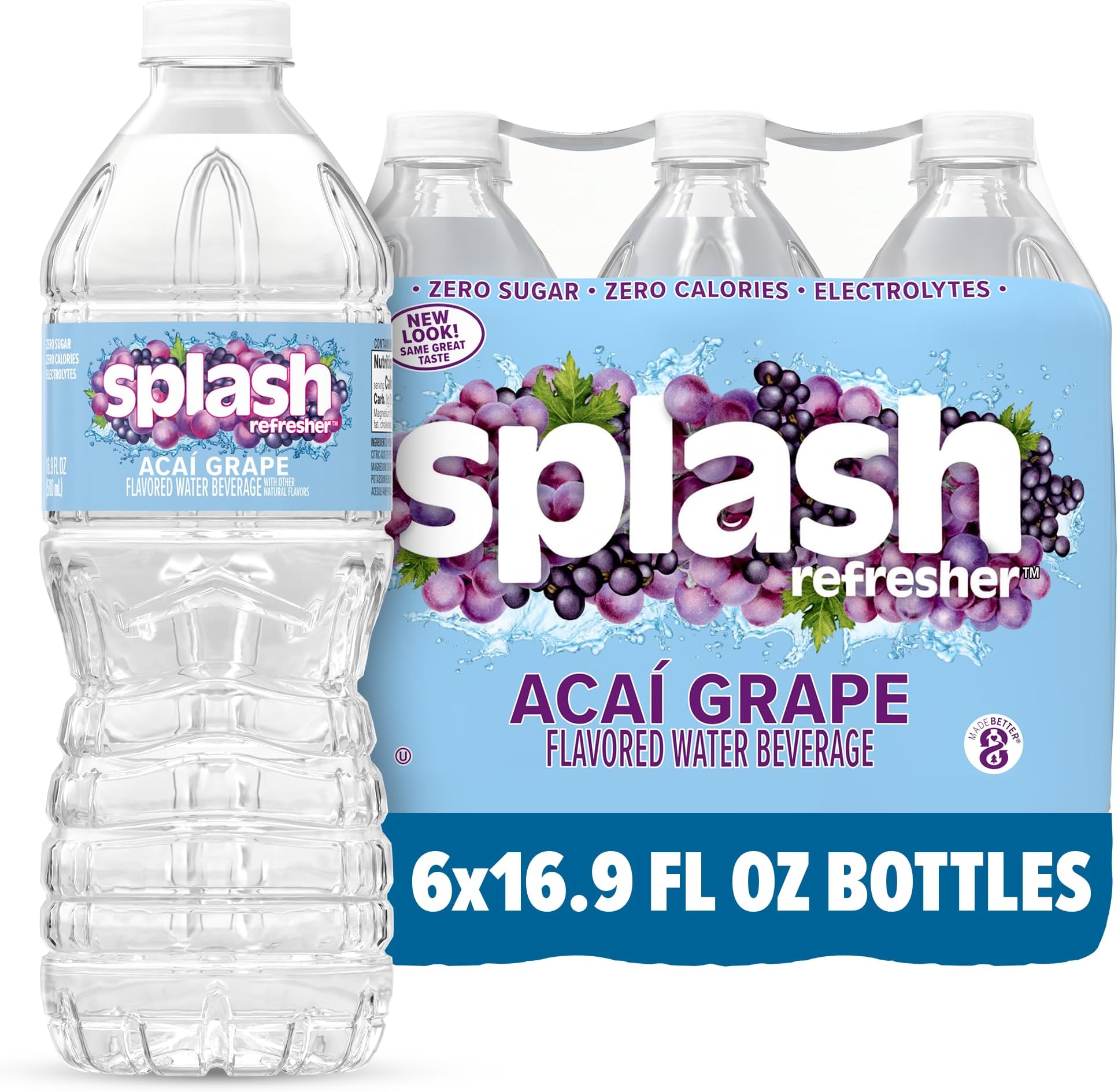 SPLASH REFRESHER Flavored Water Bottles, Acai Grape Flavor - 6-Pack, 16.9 Fl Oz - Refreshing Flavored Bottled Water with Electrolytes - Zero Sugar & Zero Calories