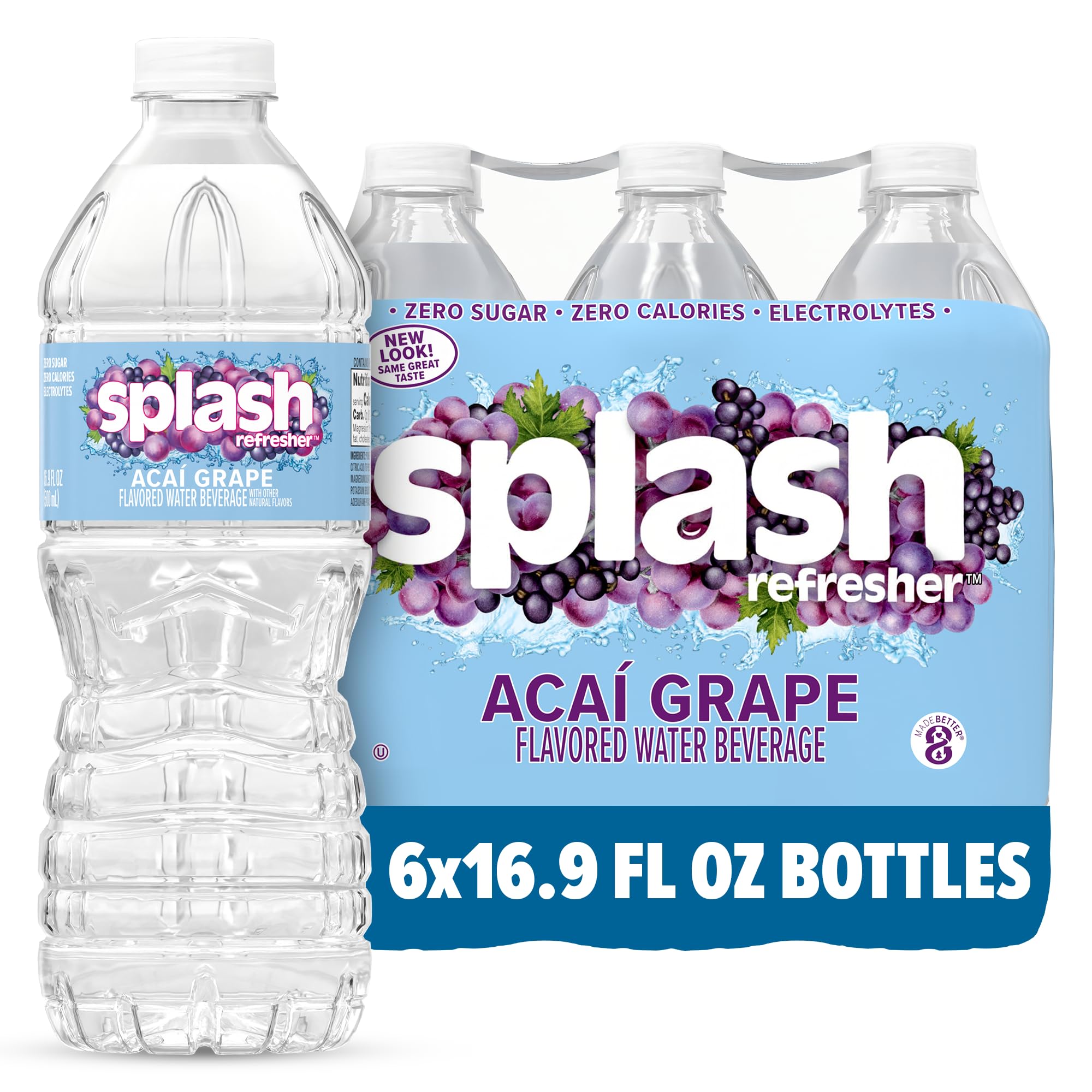SPLASH REFRESHER Flavored Water Bottles, Acai Grape Flavor - 6-Pack, 16.9 Fl Oz - Refreshing Flavored Bottled Water with Electrolytes - Zero Sugar & Zero Calories