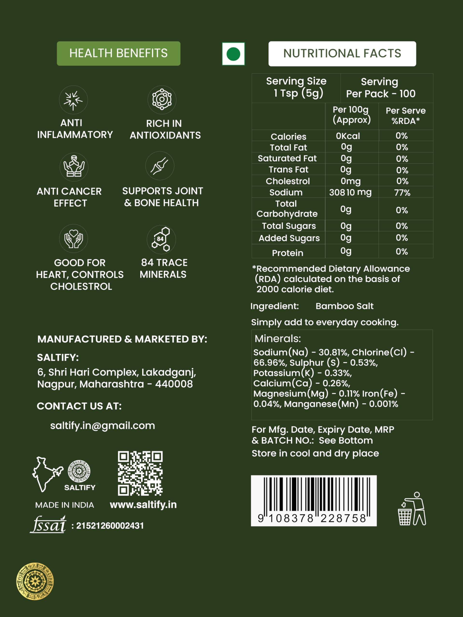 Saltify 6x Bamboo Salt | pH 9+ Alkaline | Six Times Roasted | Antioxidant | Anti-inflammatory | Natural Detox & Mineral-Rich Salt for Wellness | For Cooking | No Anti-Caking Agent | Powdered (500 g)