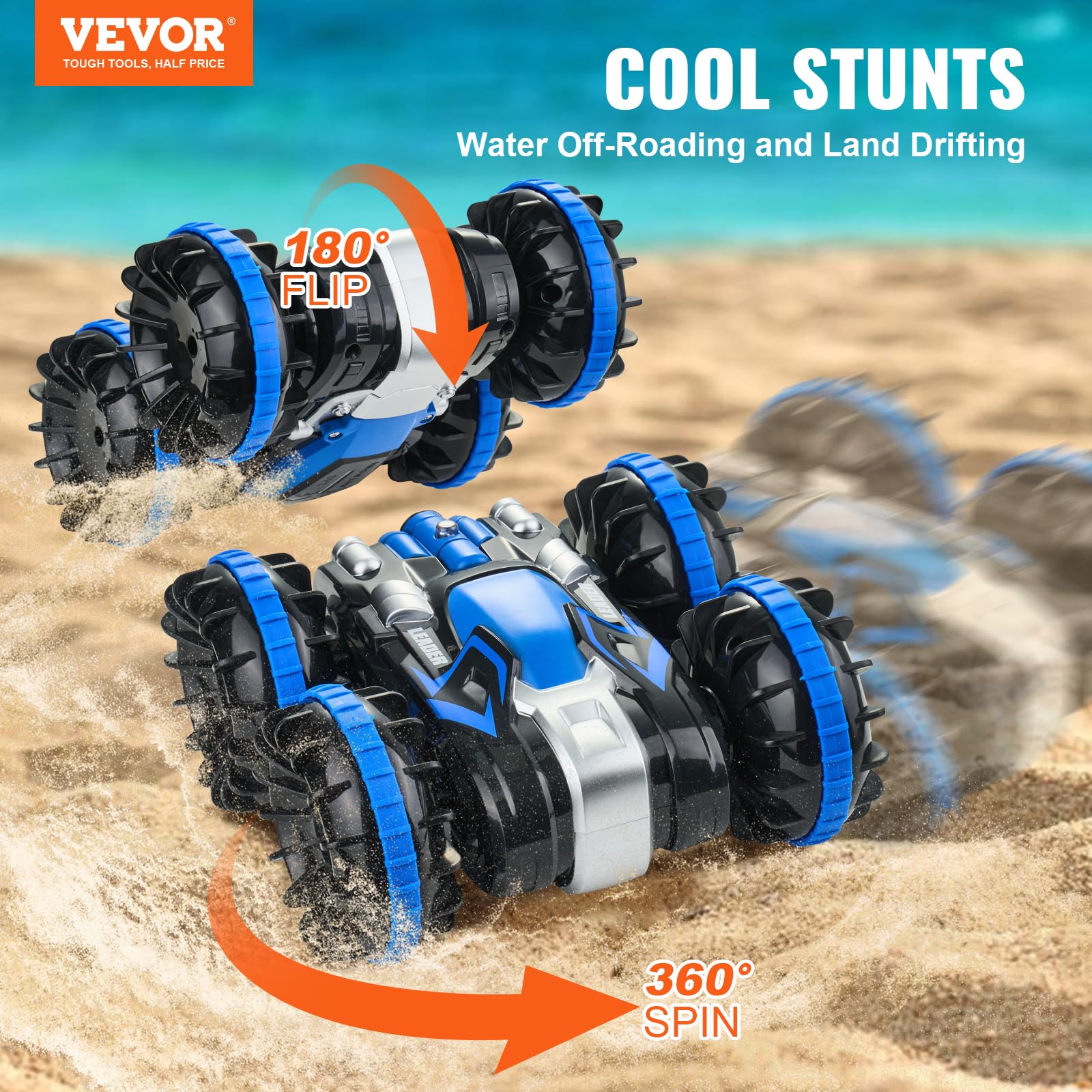 VEVOR Voiture télécommandée amphibie, 4WD étanche 2,4 GHz pour enfants, voiture télécommandée rotative à 360° avec 2 batteries, jouet tout-terrain, plage, piscine pour garçons et filles de 6 ans et