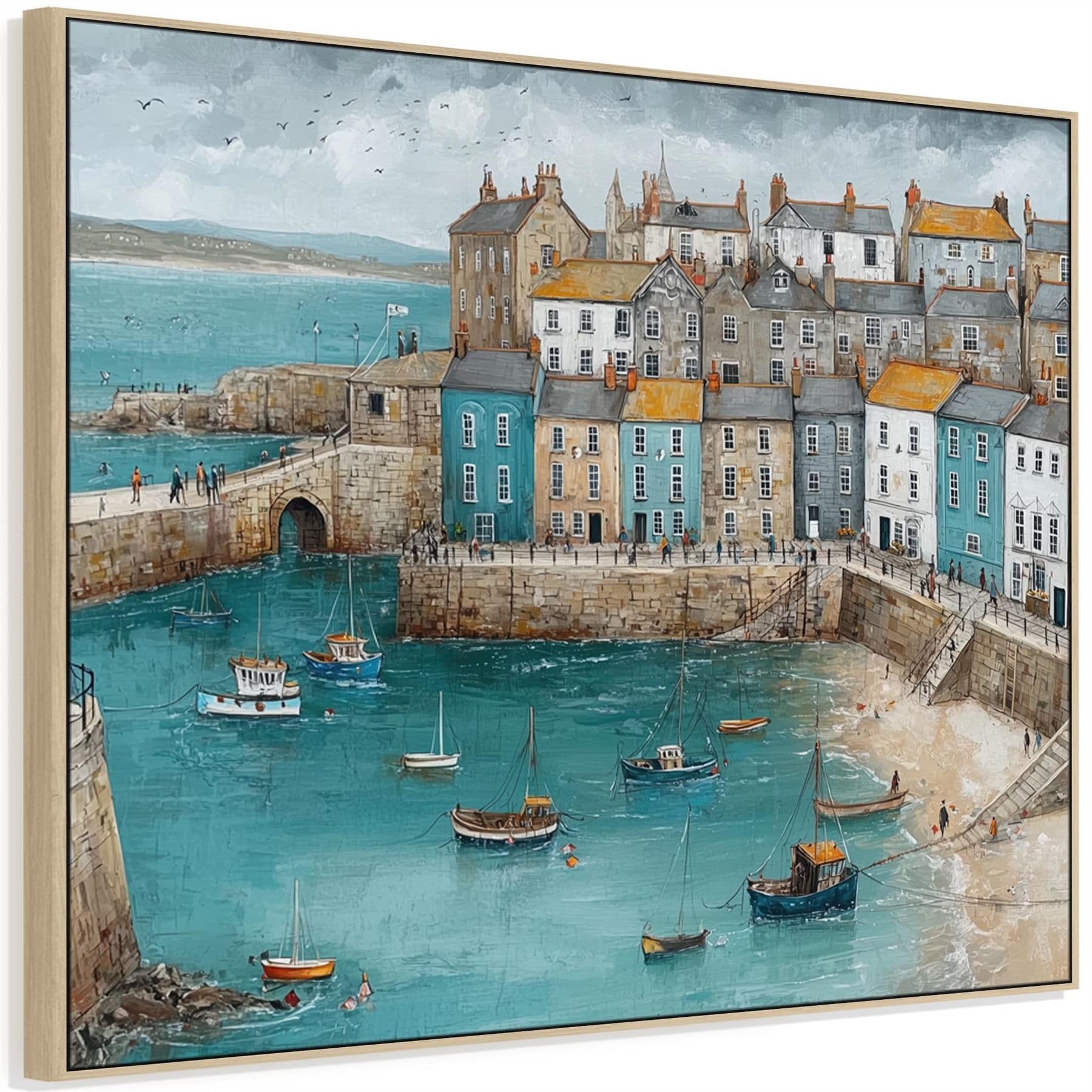 Wallfillers Blue Coastal Cornish Harbour Framed Seaside Artwork On Canvas (84Cm X 69Cm)