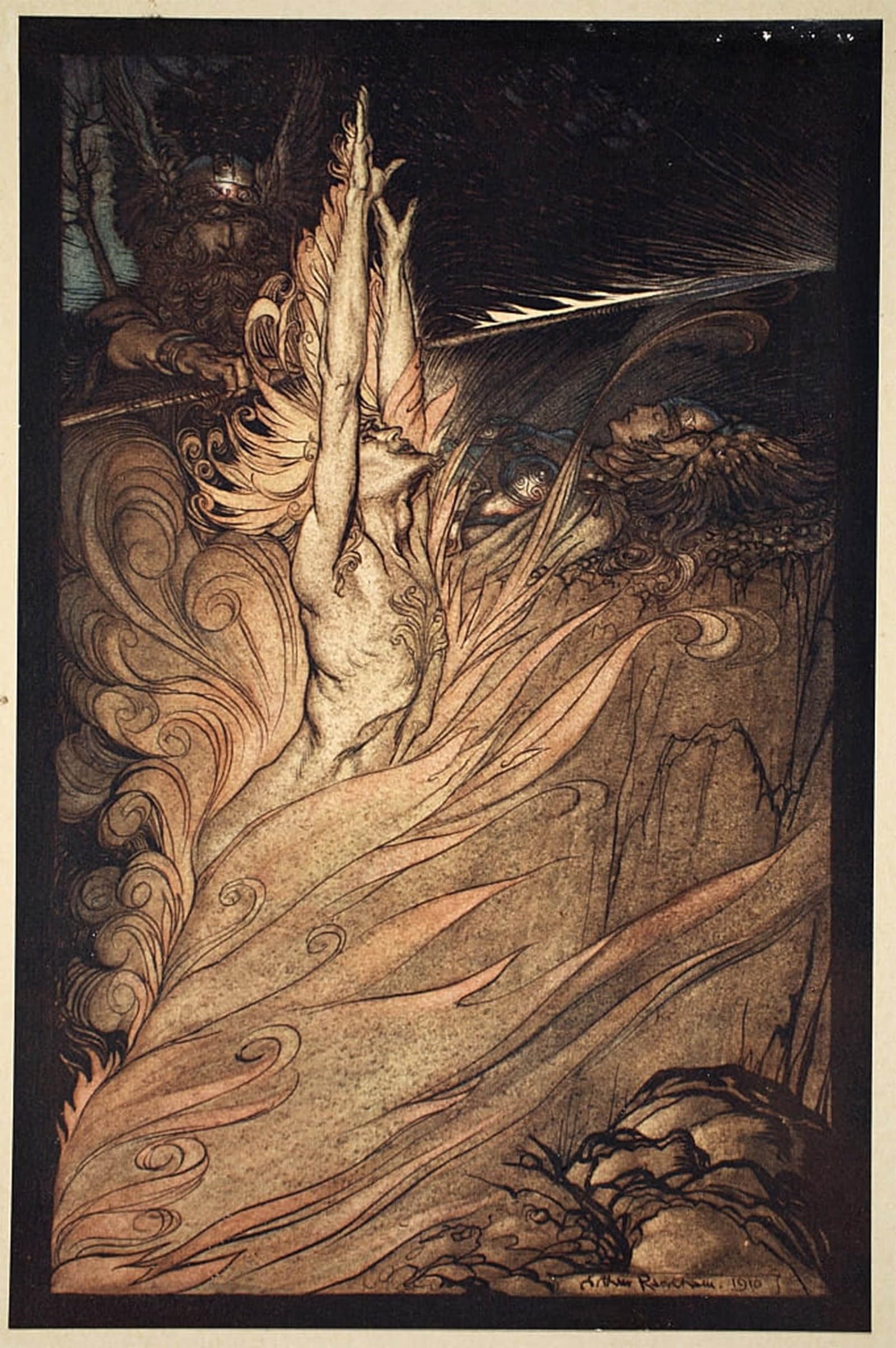 HRJUBWREE Famous Paintings Pictures Artwork Picture Appear Flickering Fire Encircle the Rock with Thy Flame Loge Loge Appear by Arthur Rackham Photo Wall Print for Office Decor 60x90cm