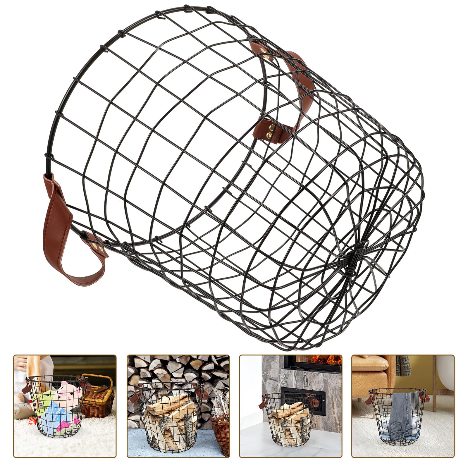 SUPVOX Leñero de Interior de Hierro Grande Asa Plegable, Cesta Metálica para Almacenamiento de Leña, Soporte Resistente para Chimenea y Uso Exterior, Transporte Cómodo para Camping