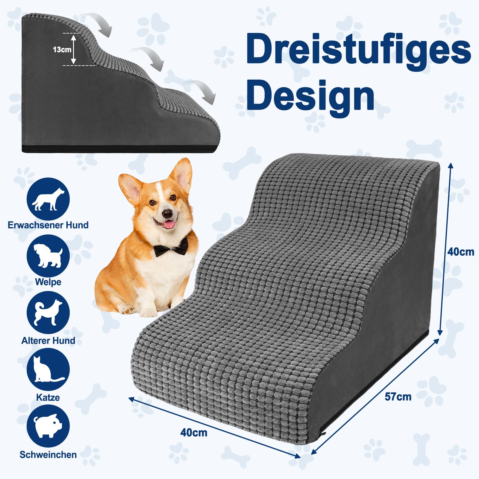 Hundetreppe für Kleine Hunde 40 cm Hoch, 3 Stufen Haustiertreppe für Bett und Sofa, Hunde Treppe Hunderampe mit Waschbarem Bezug und Rutschfestem Boden, Hochdichtem Schwamm 57x40x40cm, Grau