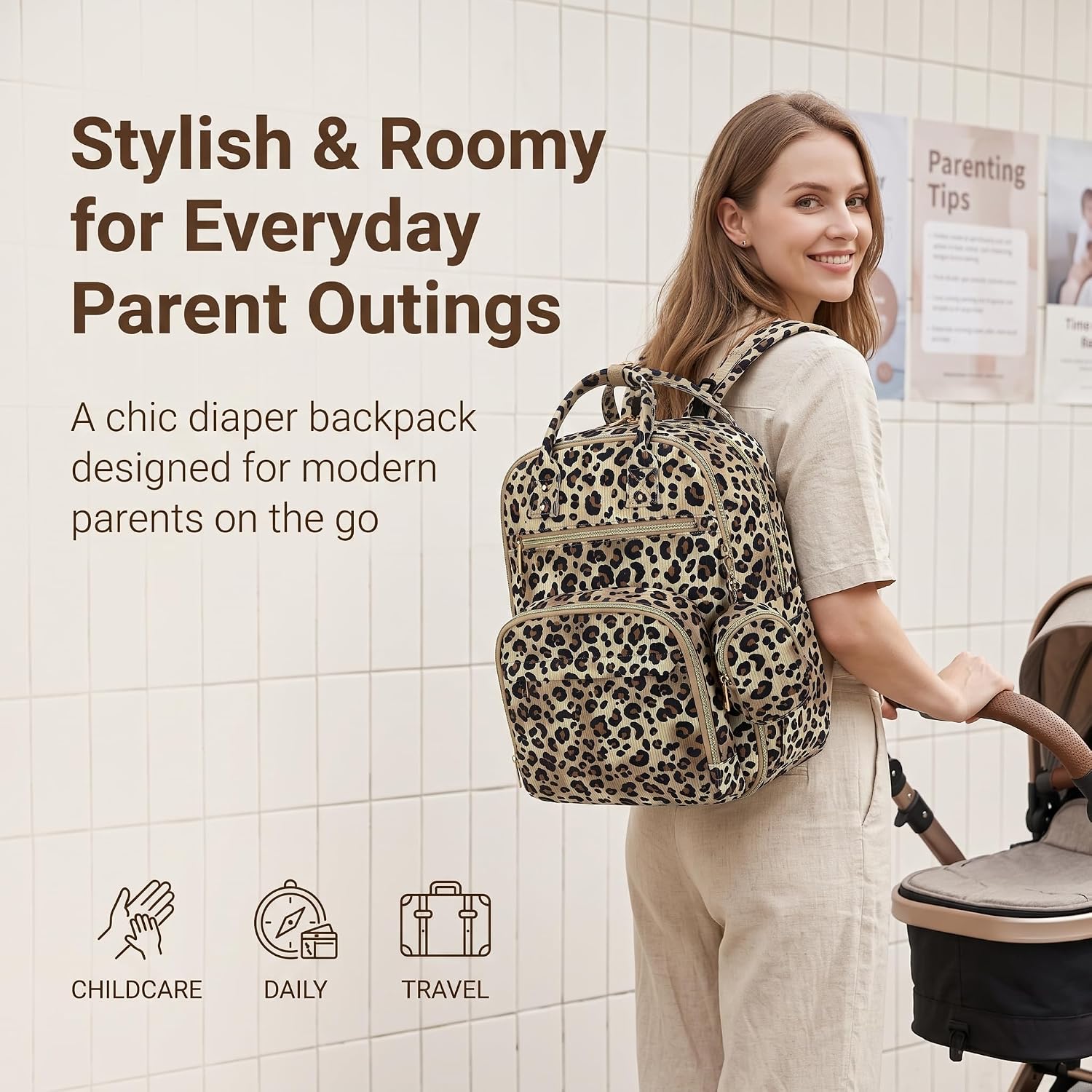 Corduroy Diaper Bag Backpack with Insulated Bottle Pockets, Leopard image 2