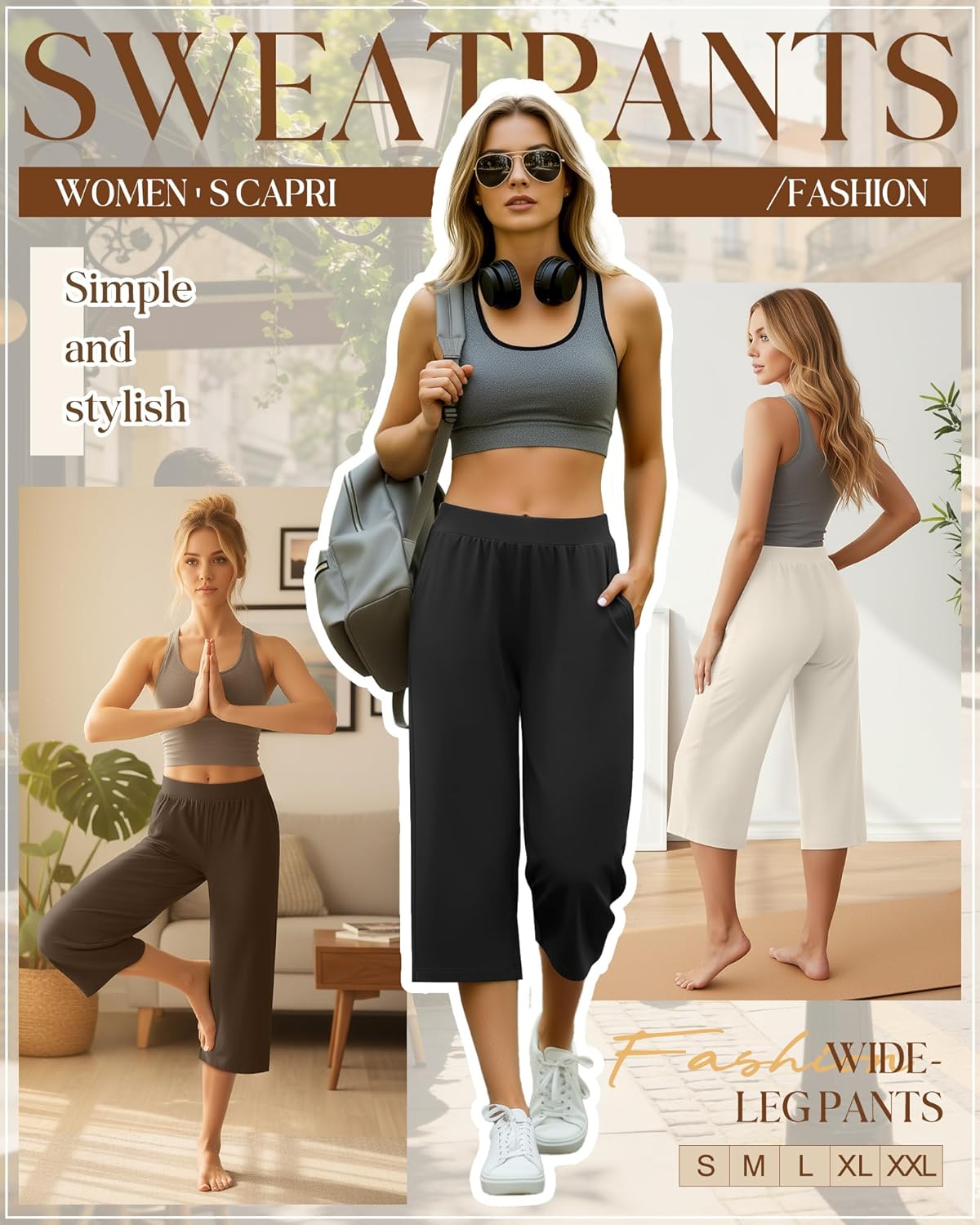 Huukeay 3 Pack Women's Capri Sweatpants, Cozy Wide Legs Cropped Capri with Pockets, Lounge Jogger Pants Workout Yoga Solid - Image 4