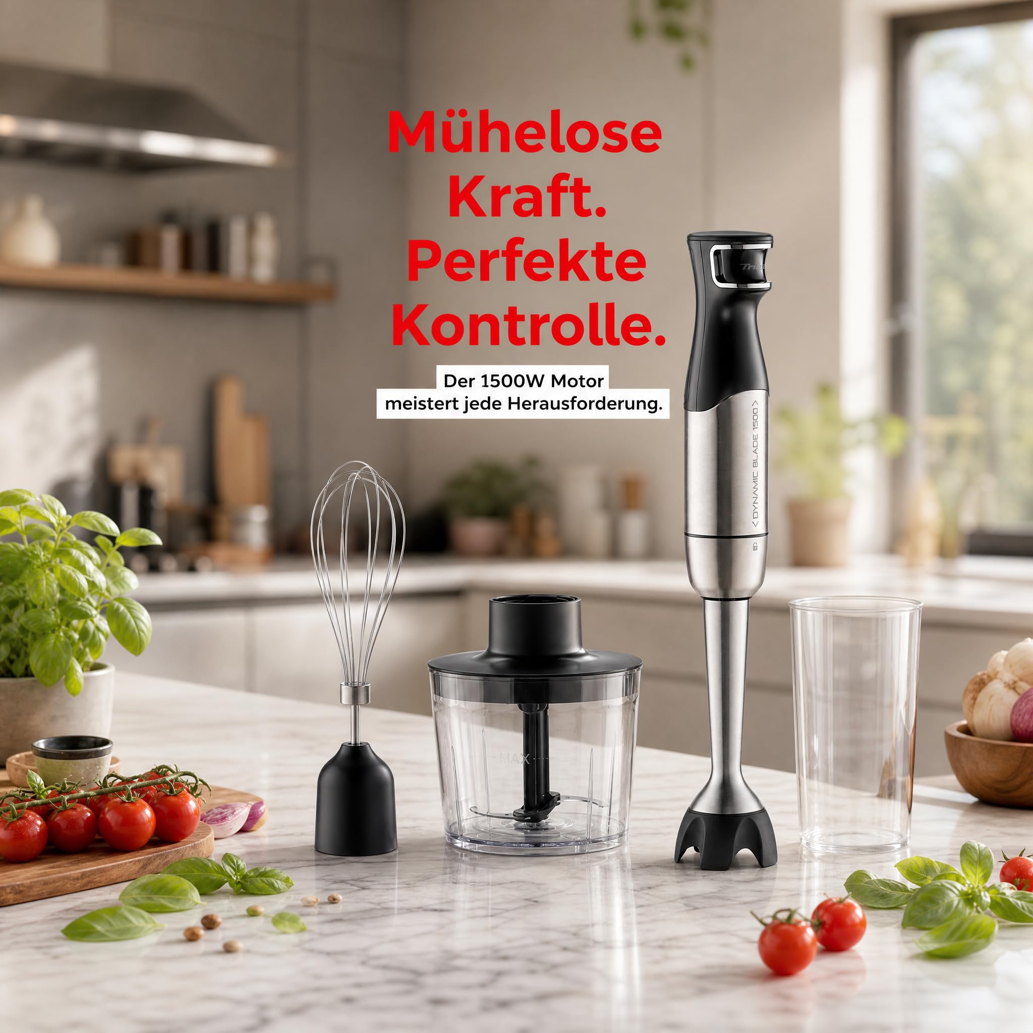 Trisa Batidora de inmersión, 4 en 1 batidora eléctrica, 1500 W, velocidades continuas, acero inoxidable, batidor, trituradora de 500 ml y vaso medidor de 700 ml para alimentos para bebés