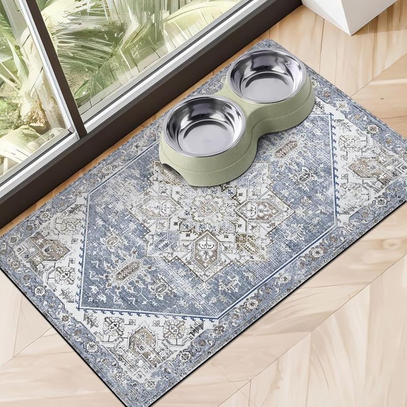 Tapete Absorvente e Antiderrapante para Alimentação de Cães e Gatos Cuslnox Azul Vintage Blue-S, 50,8 x 30,48 cm