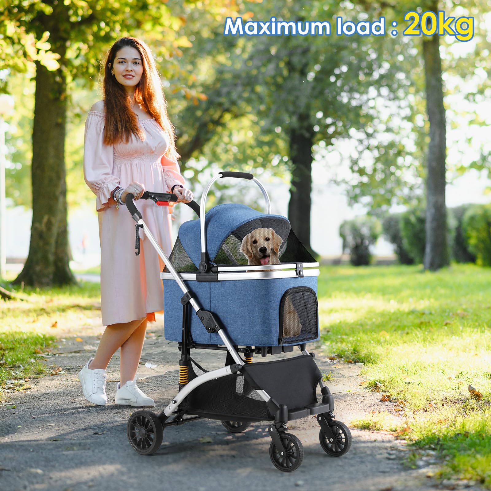 Passeggino per cani 3 in 1, fino a 20 kg, passeggino portatile per animali domestici, con finestre a rete, portabicchieri e ammortizzatori, per cani di piccola e media taglia (Blu)