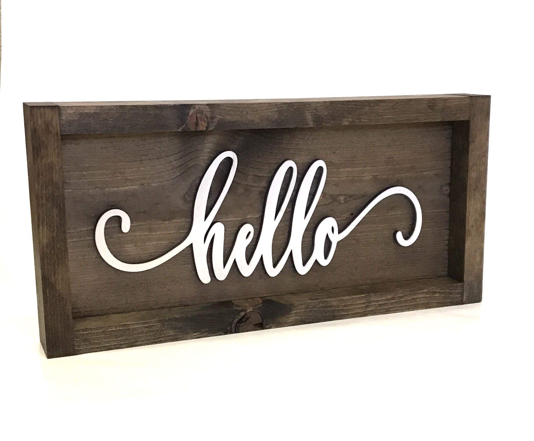 Wood Hello Cutout Sign Made of Birch Plywood Stained Dark Walnut Framed