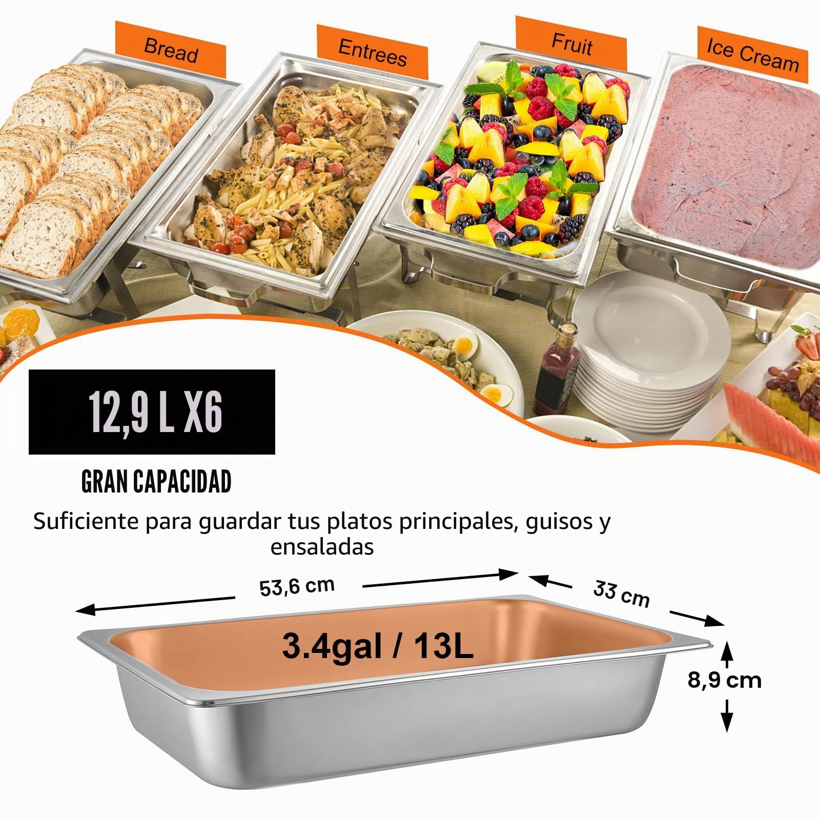 VEVOR 6 Bandejas Rectangulares de Acero Inoxidable, 13 L / 13,7 Cuartos, Unidades Bandeja Honda Rectangular para Servir, Bandeja Profunda, Bandeja de Acero Inoxidable, Bandeja para Arroz al Vapor