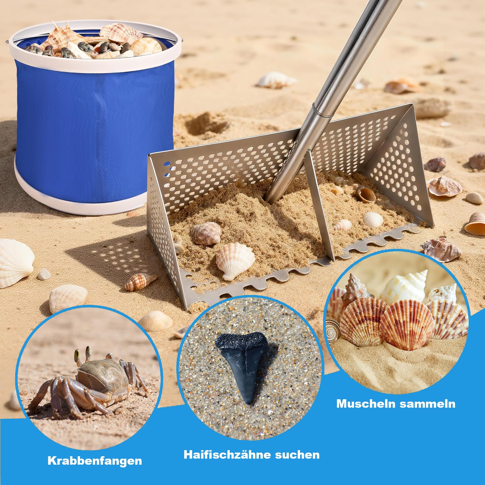 Sand Flohrechen Set, Edelstahl Strandsand Sieb, Abnehmbarer Langer Griff | mit Eimer, Handschuhe, Schaufel, Räder, Sandflohsieb Scharfen Zähnen Strandrechen, Sandflohharke Strand Sandsieb für Meerjagd