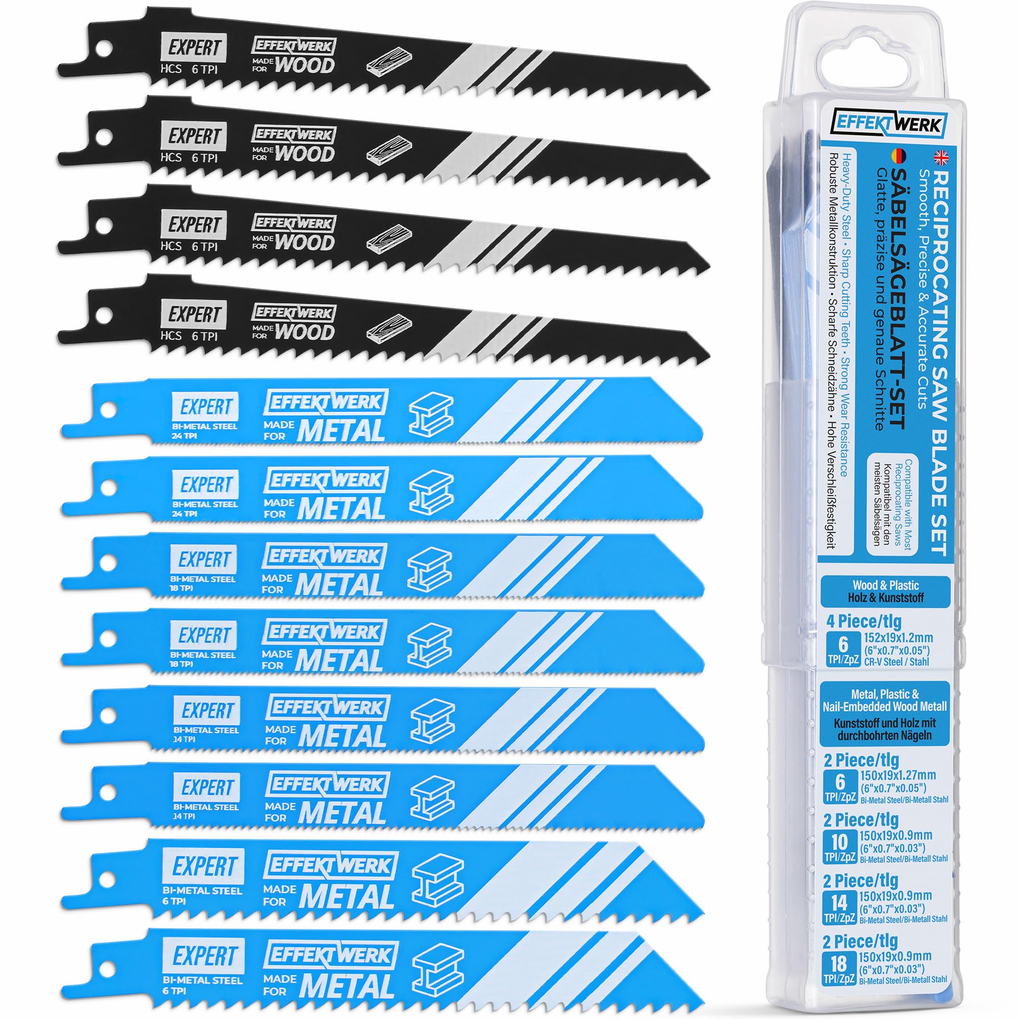 EffektWerk - Reciprocating Saw Blade Set - 12 Pieces - Heavy-Duty HCS Steel Sabre Saw Blades for Wood Metal & Plastic - 6/10/14/18 TPI