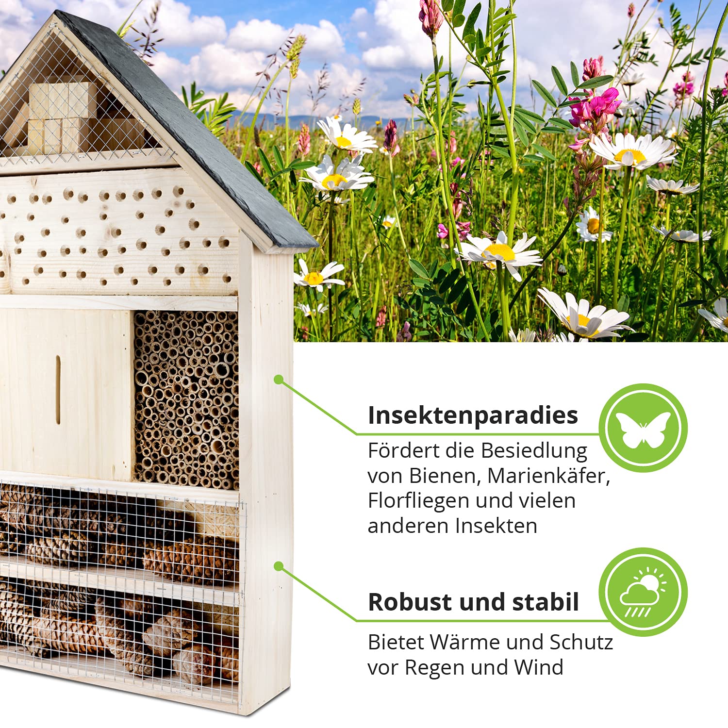 GARTENETAGE Insektenhotel XXL mit Schieferdach/Naturbelassenes, massives Insektenhaus & Bienenhotel/Insektenhotel zum Aufstellen mit Pfählen, witterungsbeständig/Marienkäferhaus, Schmetterlingshaus