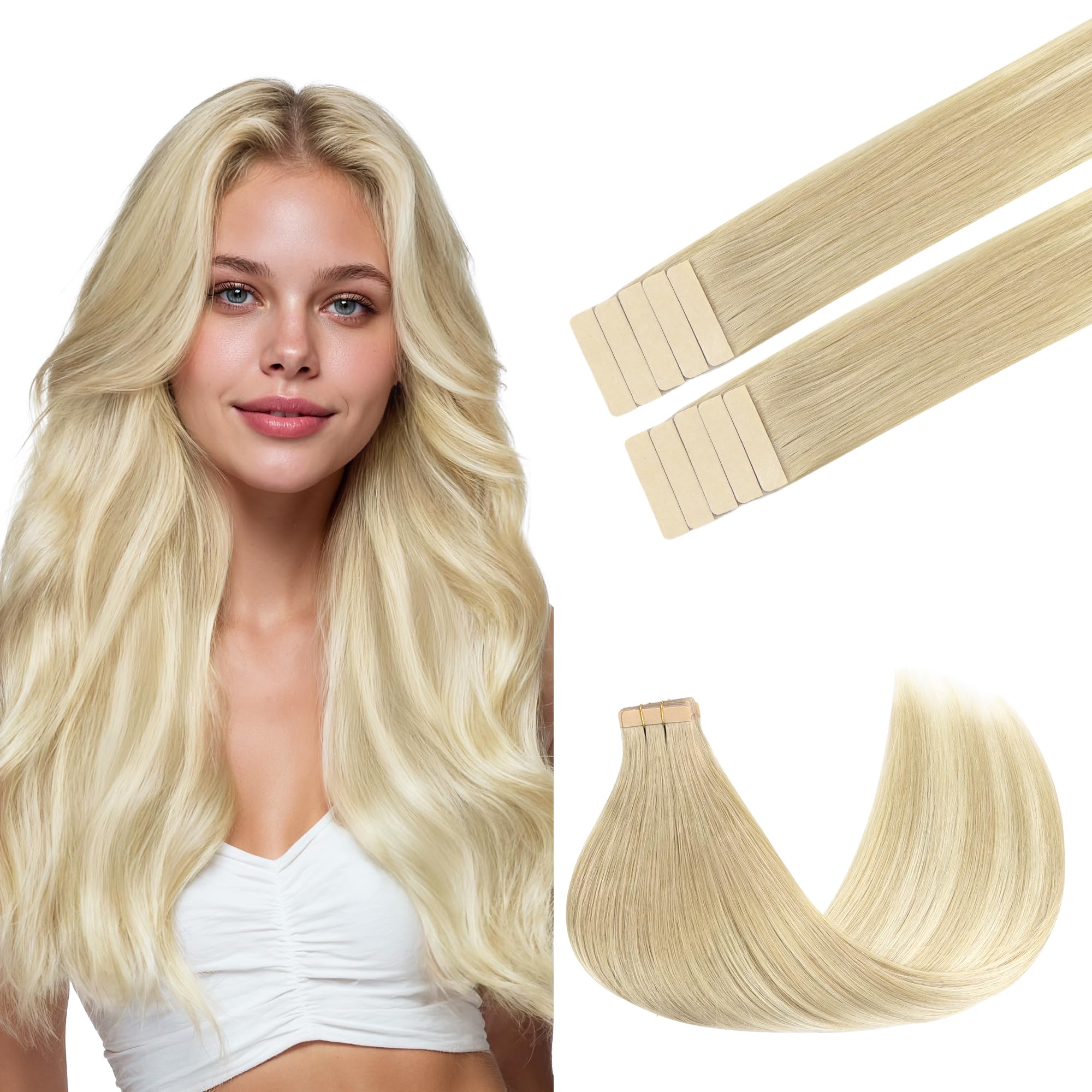 GOO GOO Tape in Hair Extensions Human Hair, 18ET90A Natural Blonde Balayage, 24inch 30g 10pcs, Skin Weft Seamless Invisible, Silky Straight with Thick