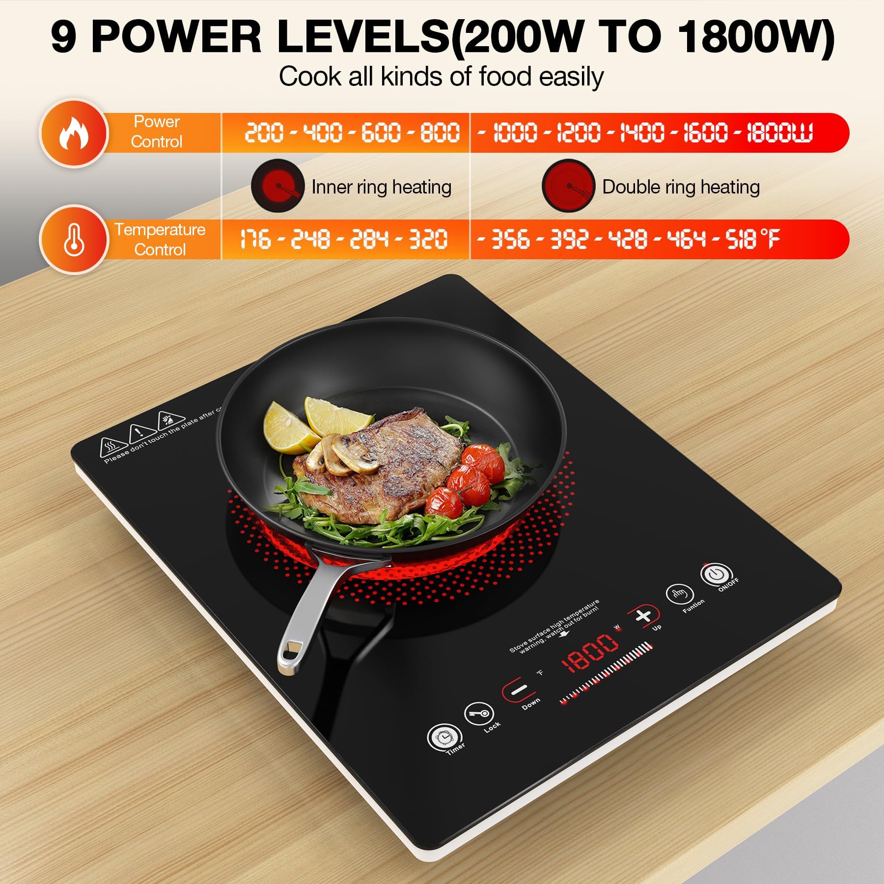 Cocina eléctrica de un solo quemador, estufa eléctrica de 110 V 1800 W con control táctil LED, quemador eléctrico único 9 niveles de potencia, 4 hTimer, bloqueo de seguridad, protección contra 7