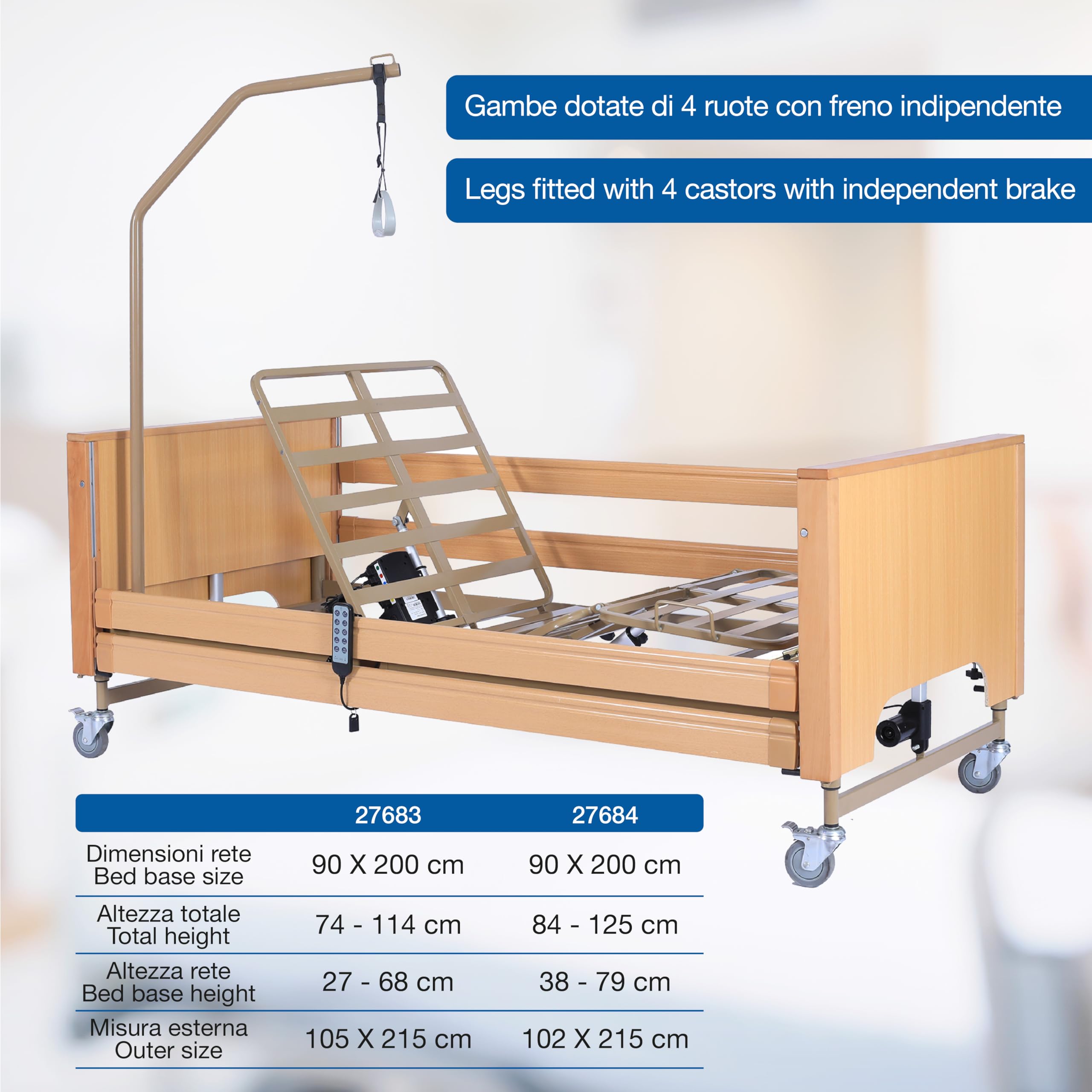 GIMA Letto Elettrico a 4 Motori e Altezza Regolabile 24-65 cm Con 3 Articolazioni e 4 Sezioni, 27683