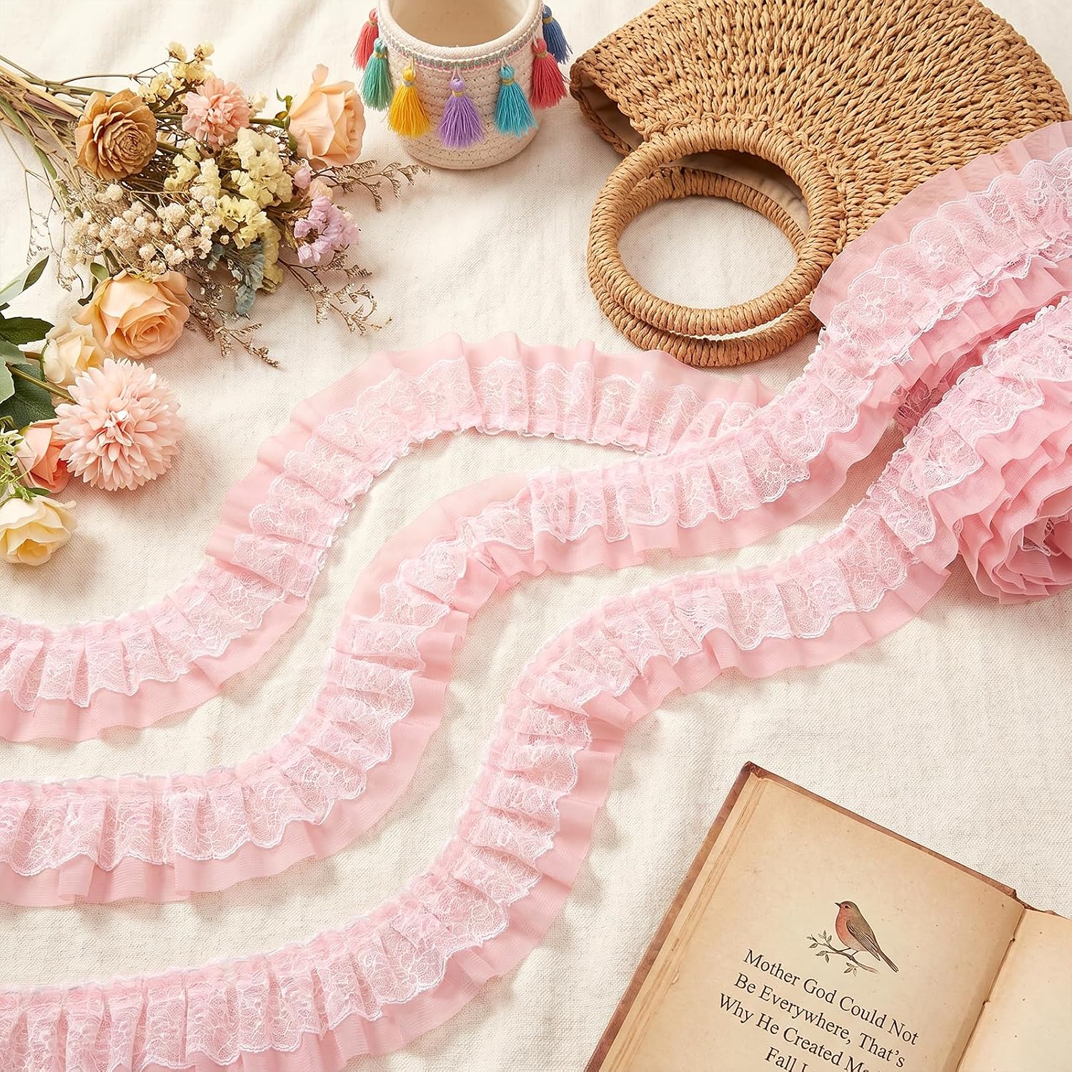 Pink Lace Trim 5 Yard Double-Layer Ruffle Lace Trim for Sewing 5cm Wide Pleated Edge Ribbon Tulle Fabric for DIY Sewing Crafts Pillowcase Embellishments