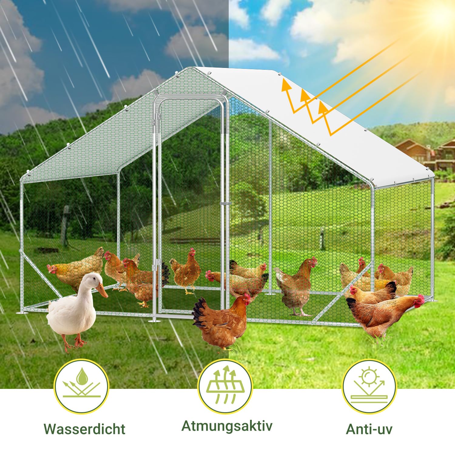 Hühnerstall Freilaufgehege, 3x2x2m mit Sicherheitsschloss und Wasserdichtes PE-Farbtuch, Schnell zu reinigen, Freigehege für Hühner,Vogelkäfig, Kleintiere & Pflanzen