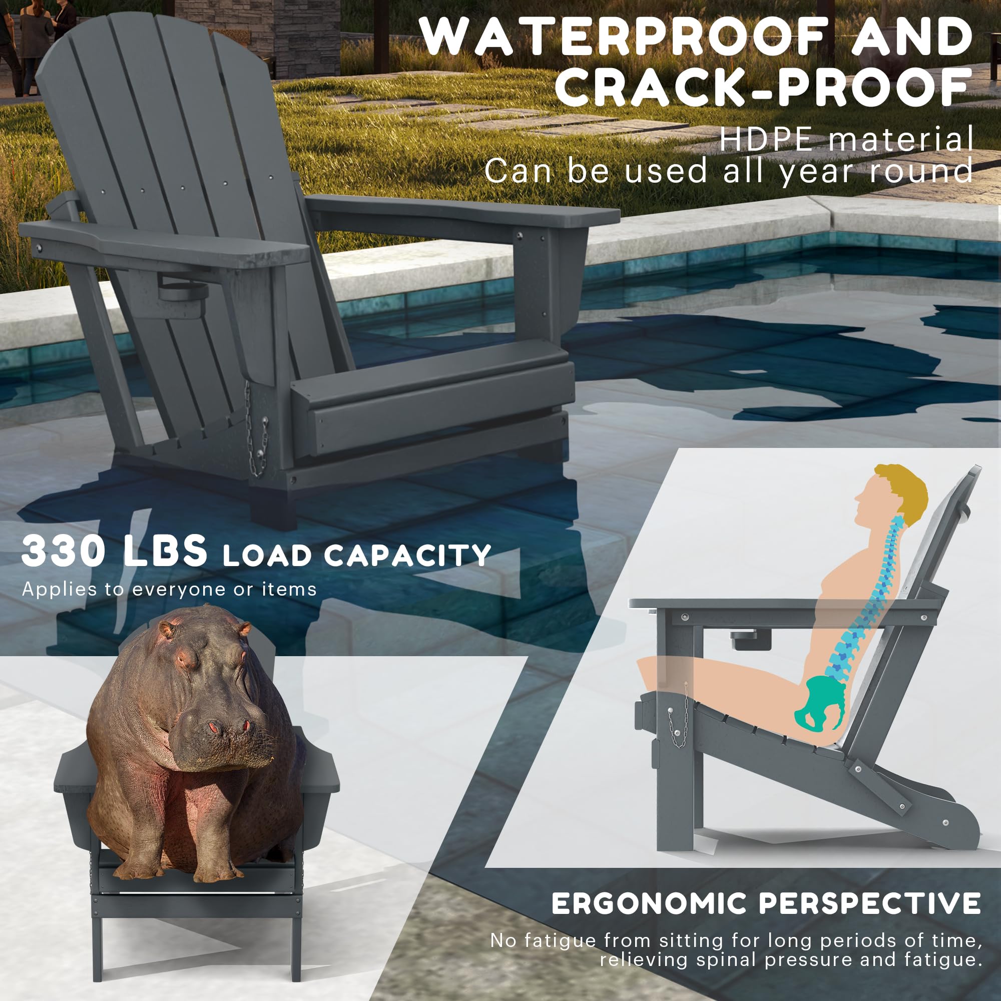 M MIDOULANDEXTYT Adirondack Stuhl,HDPE-Wetterfester Klapp-Adirondack-Stuhl mit Becherhalter für Garten,Terrasse,Hinterhof,Patio(Grau)