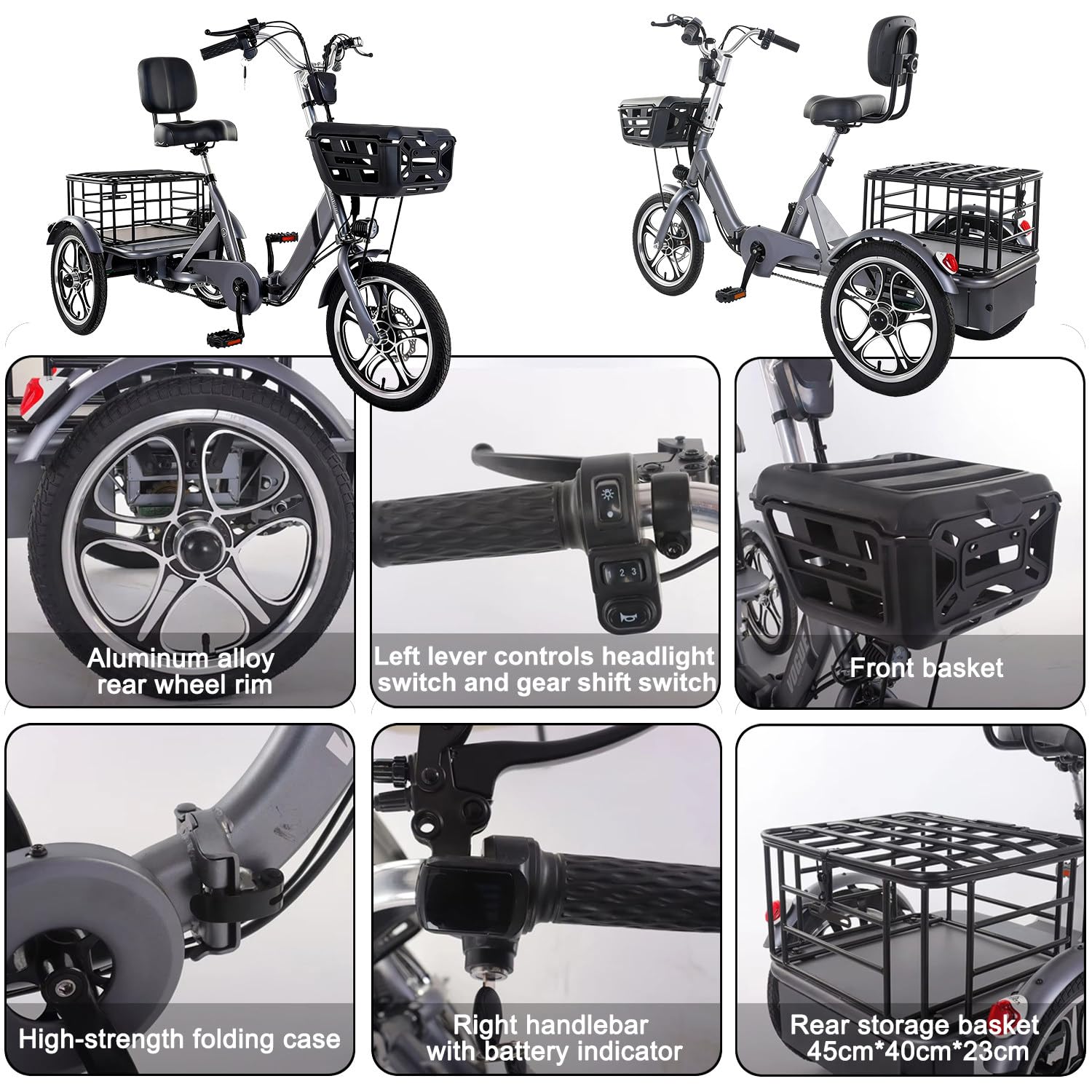 Triciclo elettrico adulti Nuovo Modello 3 ruote stabile, bicicletta elettrica e doppio freno, bici pedalata assistita con cestino capiente, ideale per città, spesa, anziani e trasporto Grey