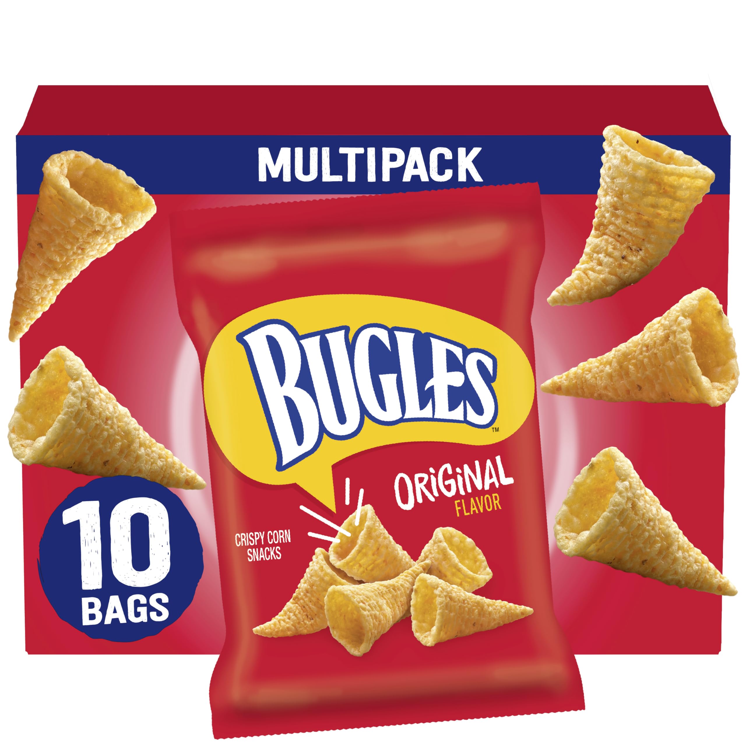 Bugles Crispy Corn Snacks, Original, Multipack of Bags, 10 Ct, 8.75 oz | Individually Wrapped, Classic Savory Cone Shape, Great On-The-Go