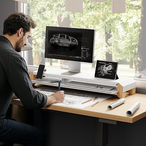 Miniatura 2 de Fenge Soporte de monitor para escritorio, elevador de monitor doble de 39 pulgadas para 2 monitores, estante de escritorio de madera maciza con