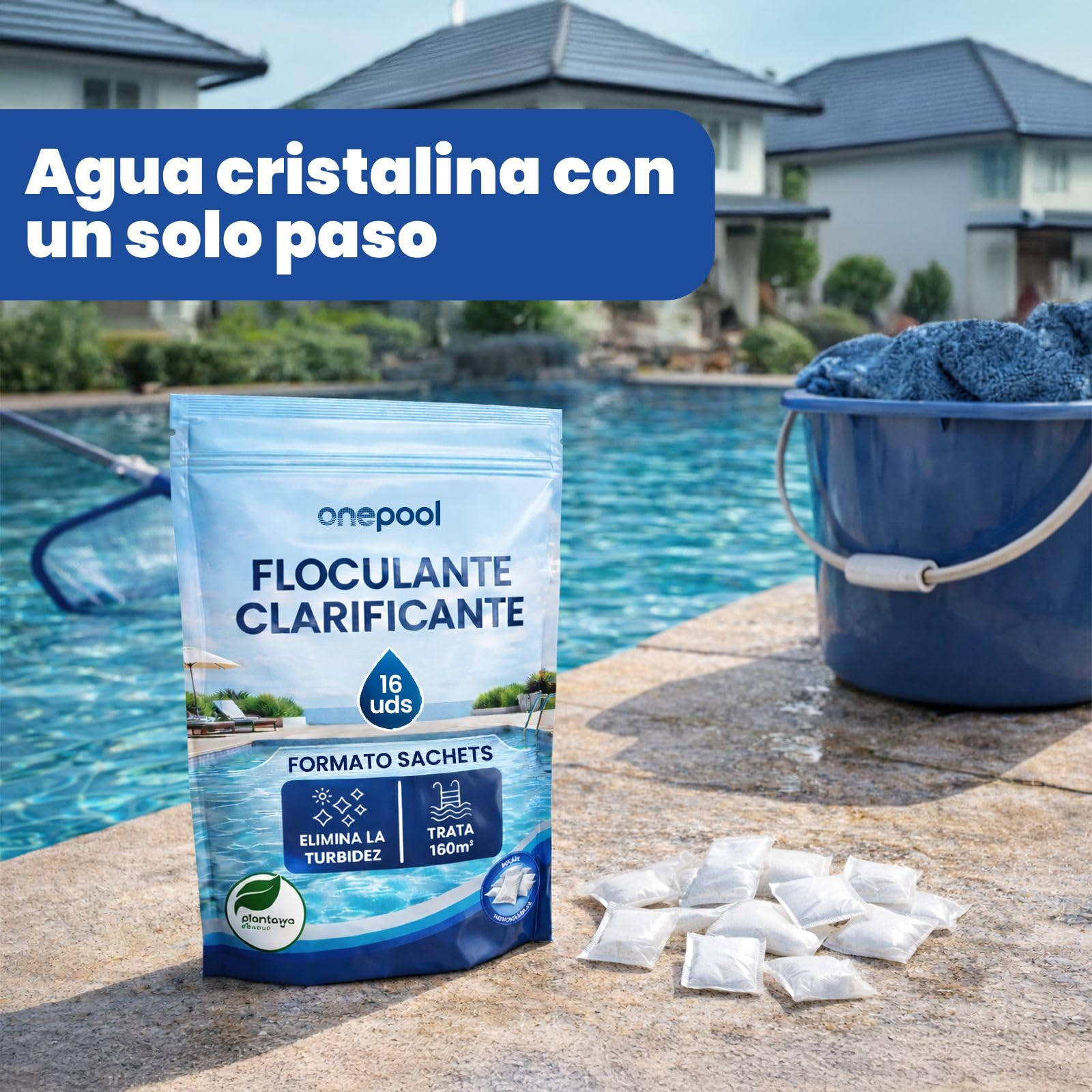 PLANTAWA Flocculante in polvere 16 bustine | Flocculante Chiarificante per Piscine, Equivale 2KG, Eliminatore Turbidità, con Ingredienti Origine Naturale, Vegano, Tutti i Tipi Piscine, SPA