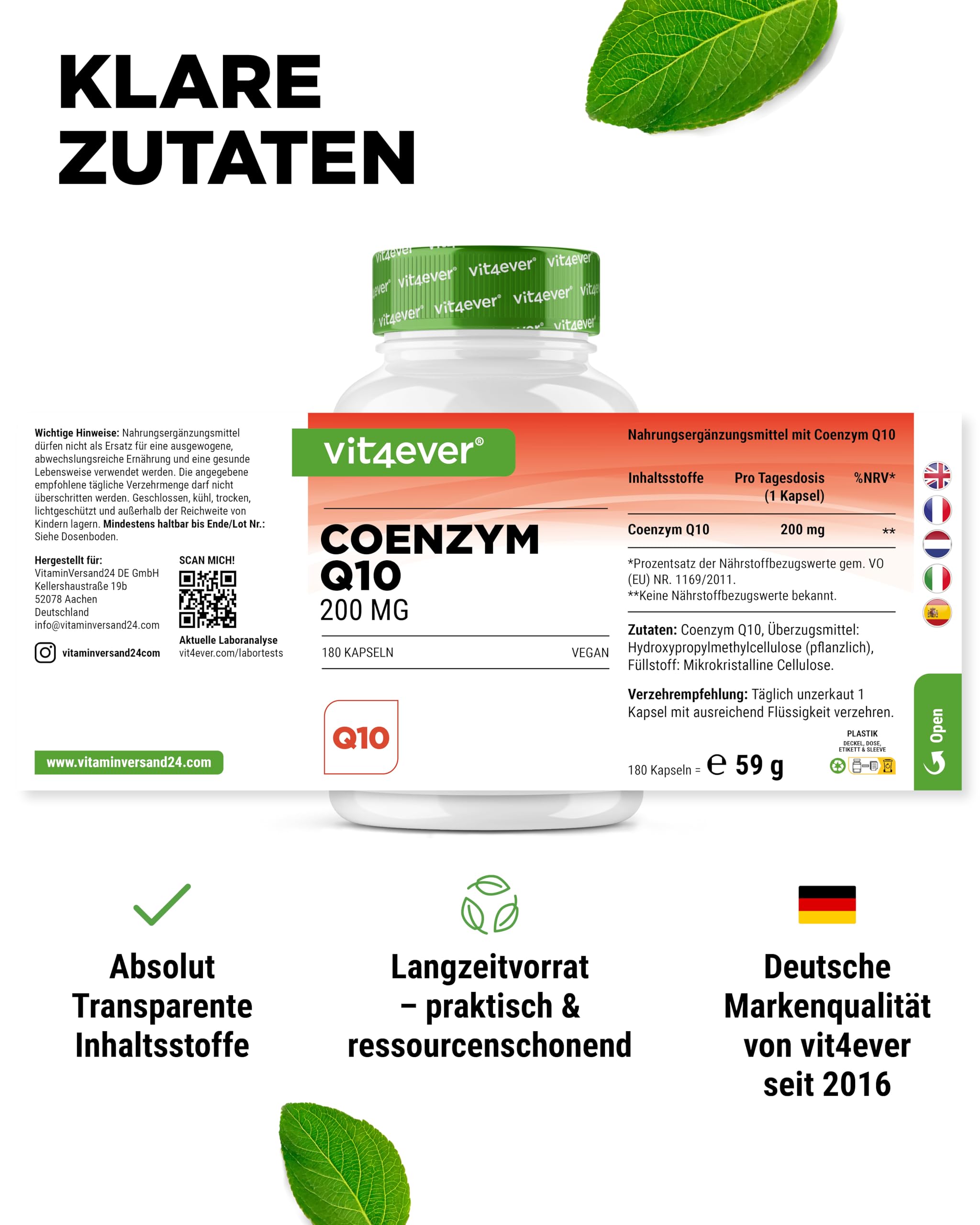 vit4ever Coenzym Q10 mit 200mg pro Kapsel - 180 vegane Kapseln - 6 Monate Reichweite - hochwertiges Q10 - hochdosiert, ohne unnötige Zusätze & laborgeprüft