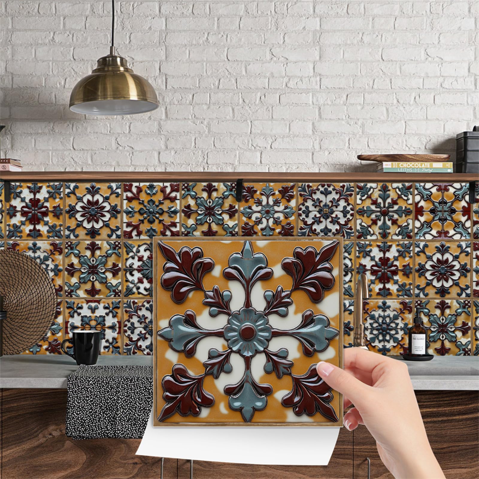 LMYSXAOZ Stick on Tiles 20x20CM Retro Yellow Peel and Wall Stickers Waterproof Oil Proof PVC Decorative for Kitchen Washroom Bedroom,Floor