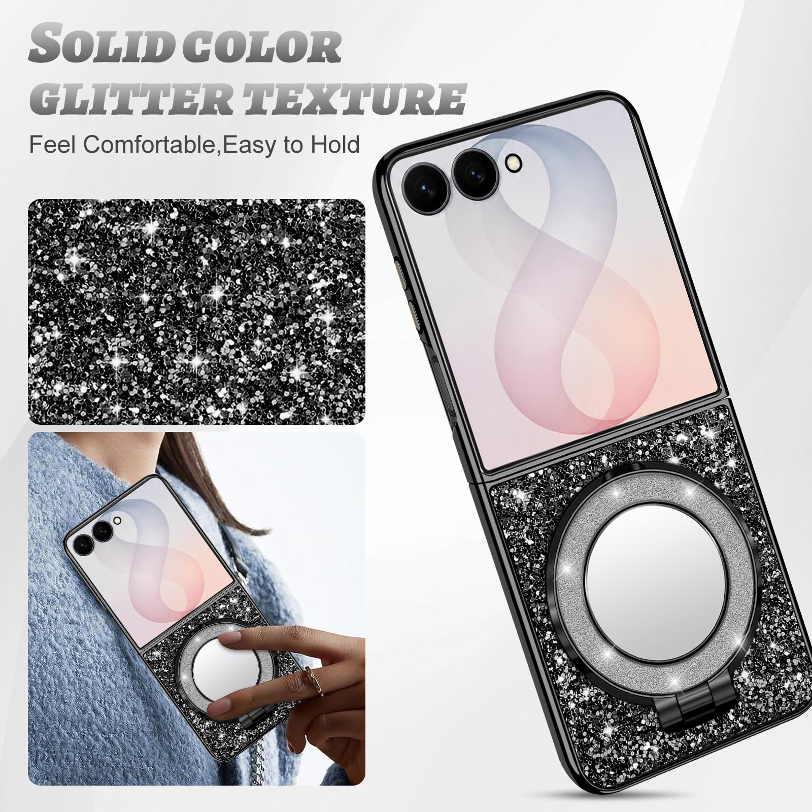 Silikon-Schutzhülle für Samsung Galaxy Z Flip 8 5G, Glitzer, glitzernd, matt, mit Mag-Safe, Make-up-Spiegel, Ständer, stoßfeste Schutzhülle für Samsung Z Flip 8, Schwarz