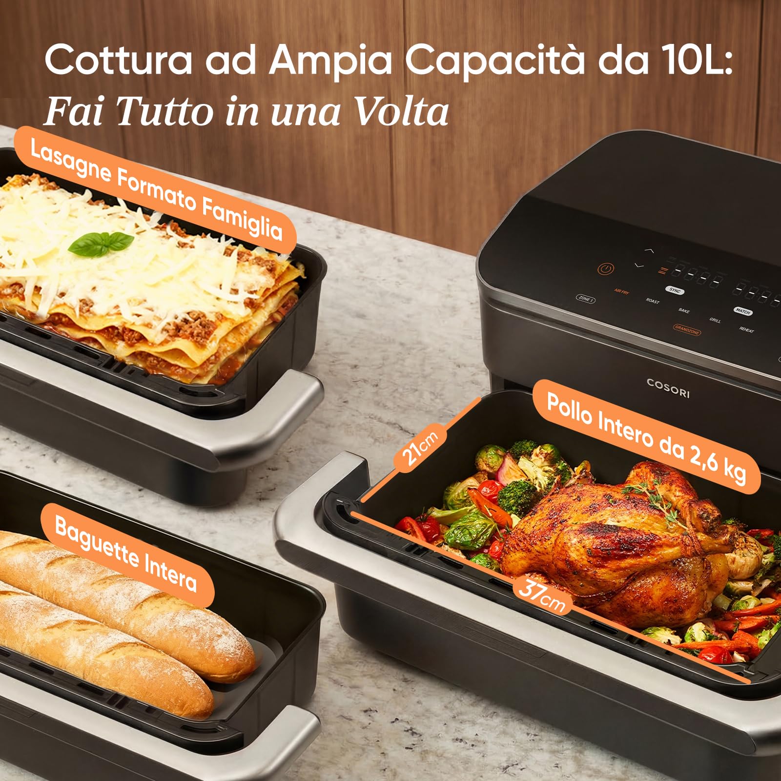 COSORI Friggitrice ad Aria 10 Litri, 7 in 1 Doppia Resistenza TwinFry con Doppio Cestello 5L+5L e Separatore Rimovibile, 2800W Air Fryer WiFi, 40-240℃, 70 Ricette Online, TF-102S