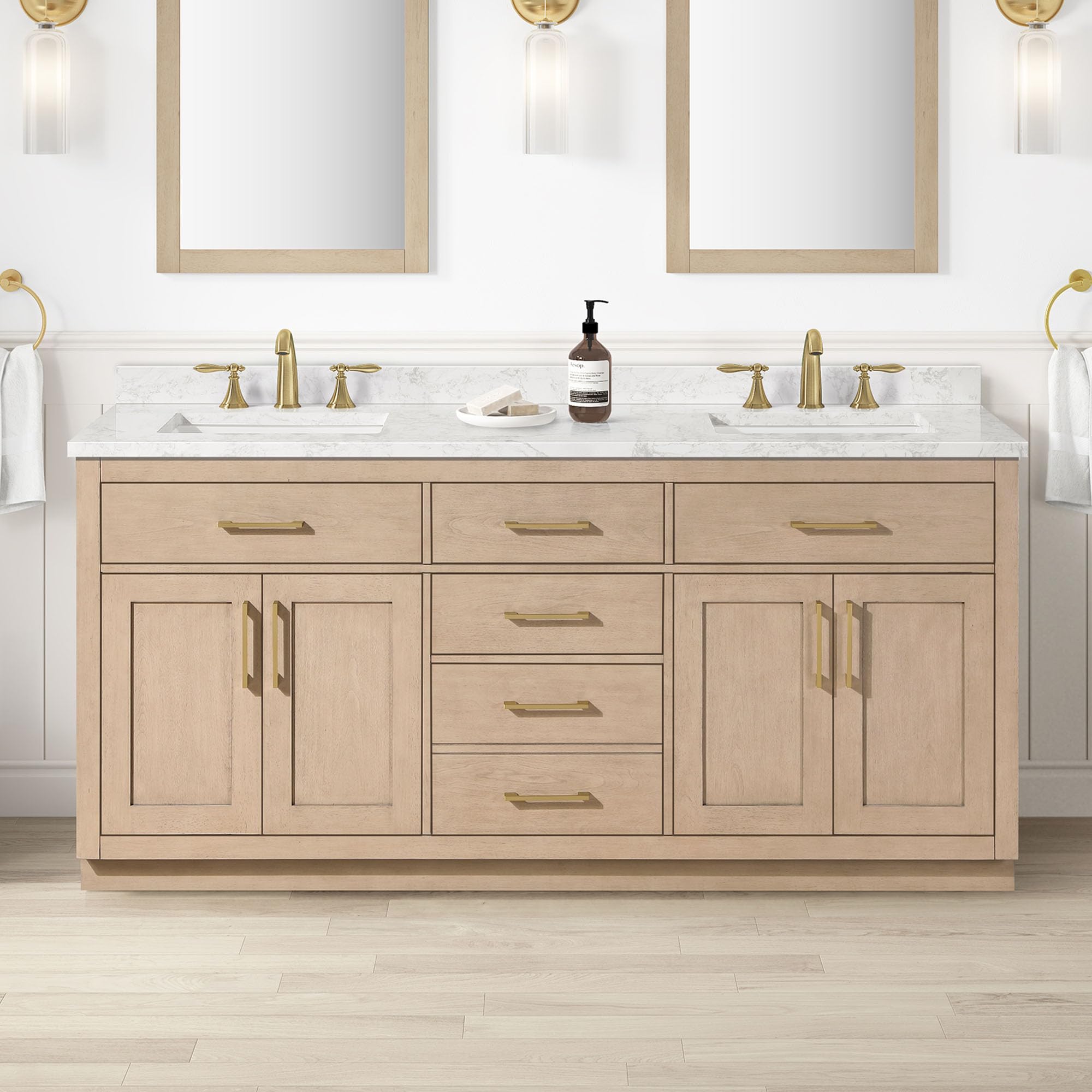 OVE Decors Athea 72" Sahara Birch Bathroom Vanity, Brushed Gold Hardware