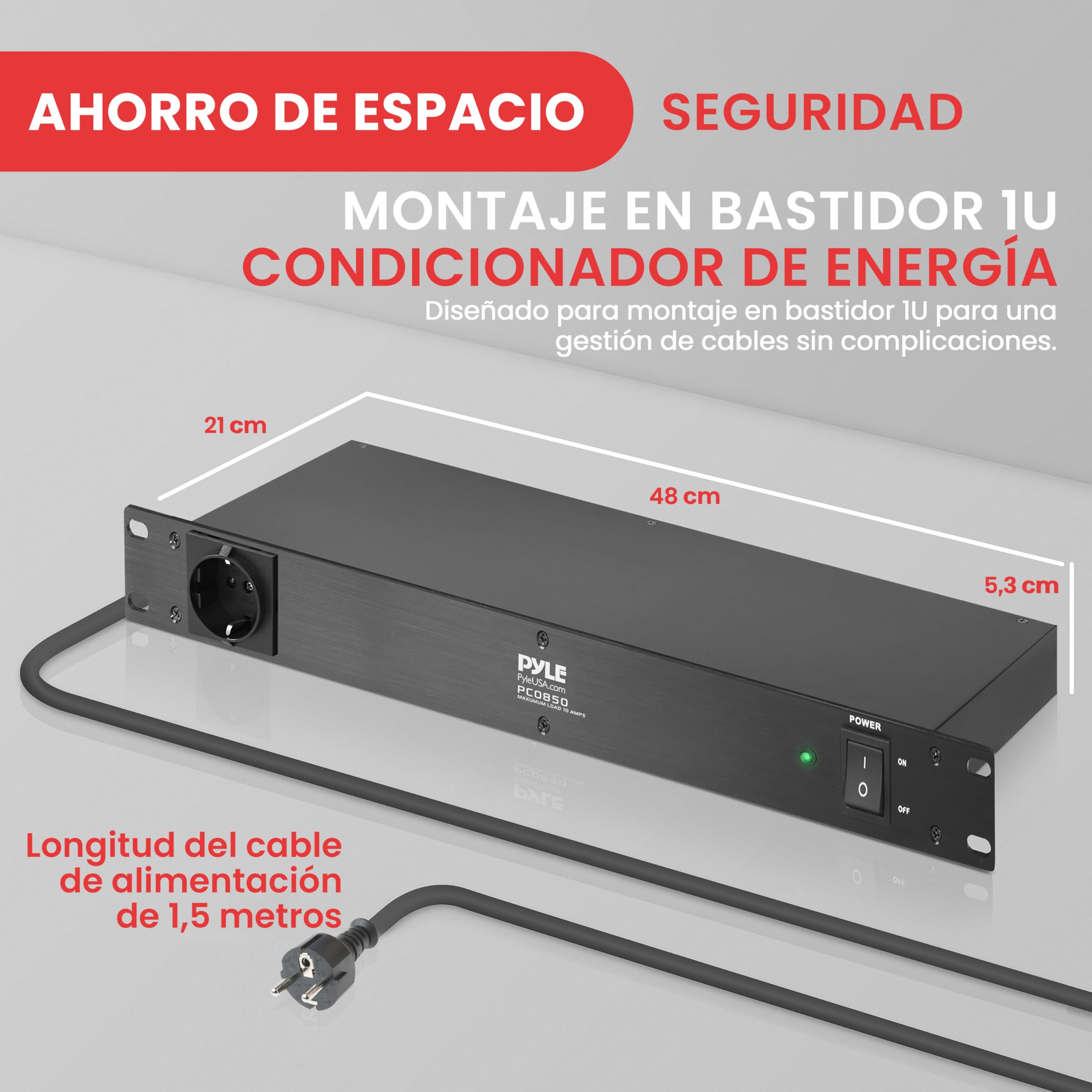 Pyle PDU Power Strip Protector, 150 Julios, 15 amp, 7 Salidas, Regleta de Cable de Extension electrica, Resistente, 1U, Proteccion de Montaje en Rack, Tira de tomacorriente