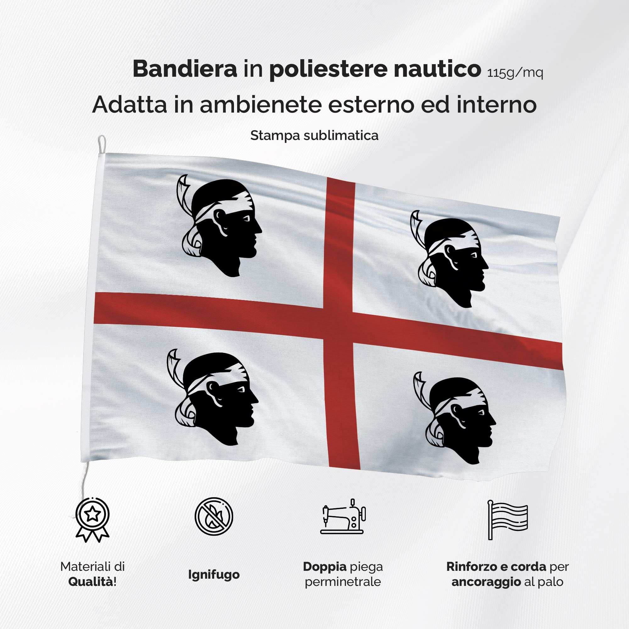 Sardinien Flagge 150x100 Cm - Aus Winddichtem Nautico-Stoff 115 G/m², Waschbar, Mit Kordel & Doppelnaht, Für Innen & Außen