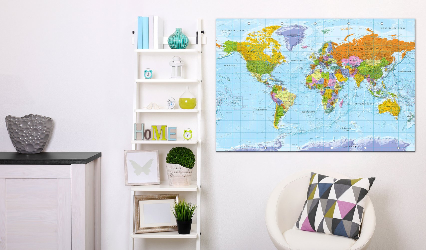 B&D XXL deutsch Weltkarte Pinnwand Kork & Vlies Leinwand Bilder 120x80cm XXL Zum Pinnen Groß Wandbild Rückwand Set mit 50 Markierfähnchen Wanddeko - Pins Deko Korktafel Lernkarte Landkarte World Map