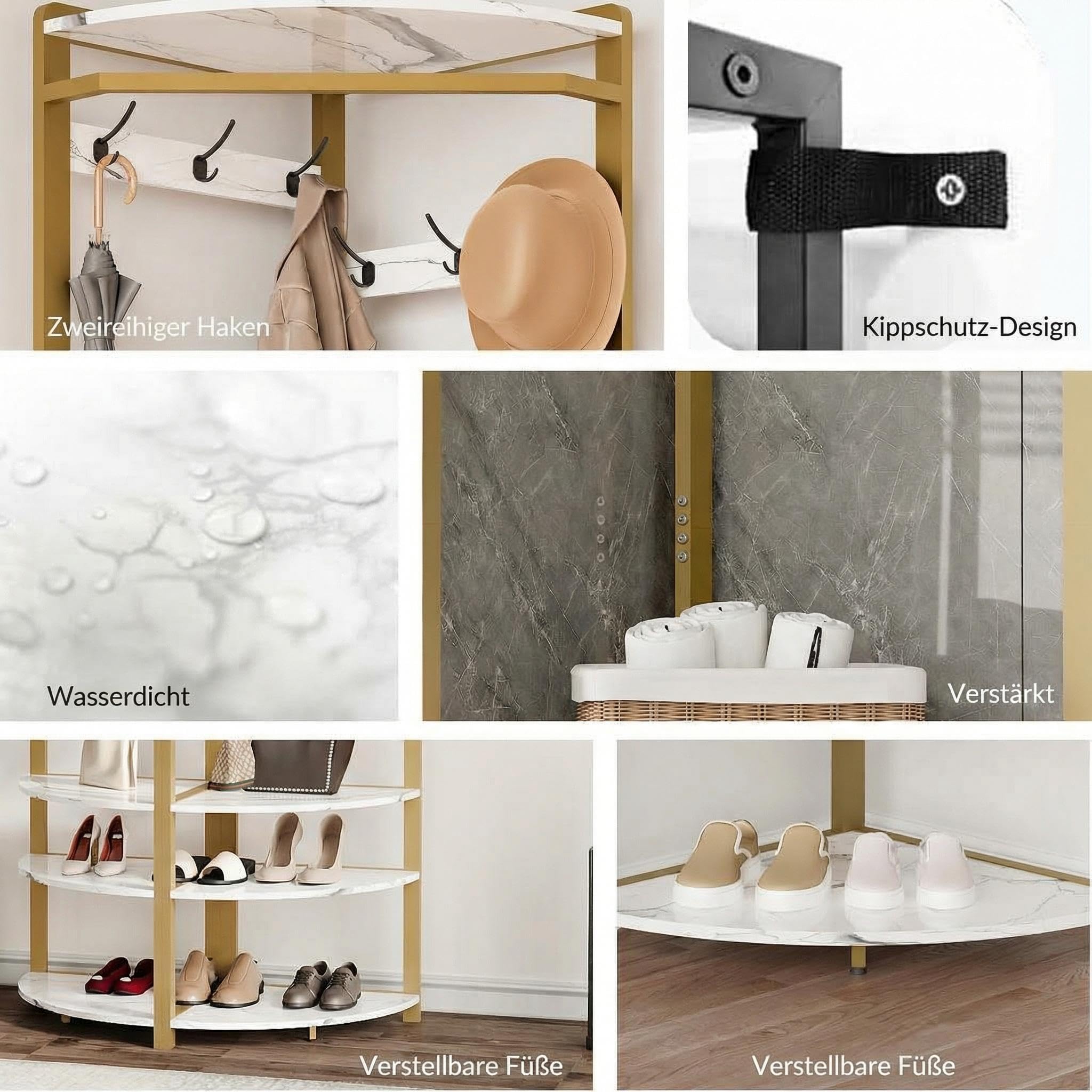 Armadio ad angolo con 4 ripiani e 6 appendiabiti in metallo e legno, per camera da letto, soggiorno, corridoio, design Ele d & White
