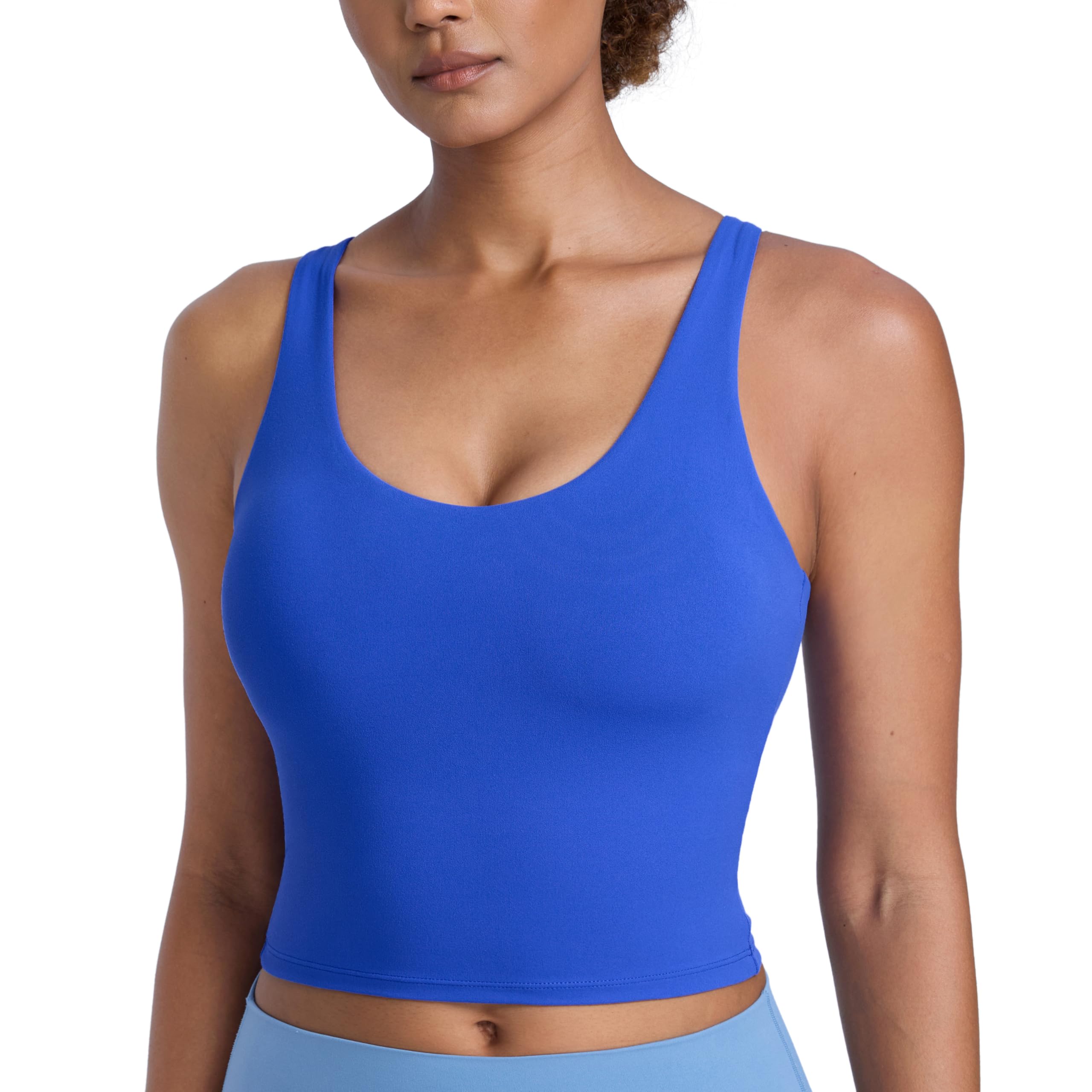 CRZ YOGA Womens Butterlift Racerback Longline Sports Bra U Neck Pilates Tank Stretch Workout Yoga Crop Top with Built in Pads Royal 14