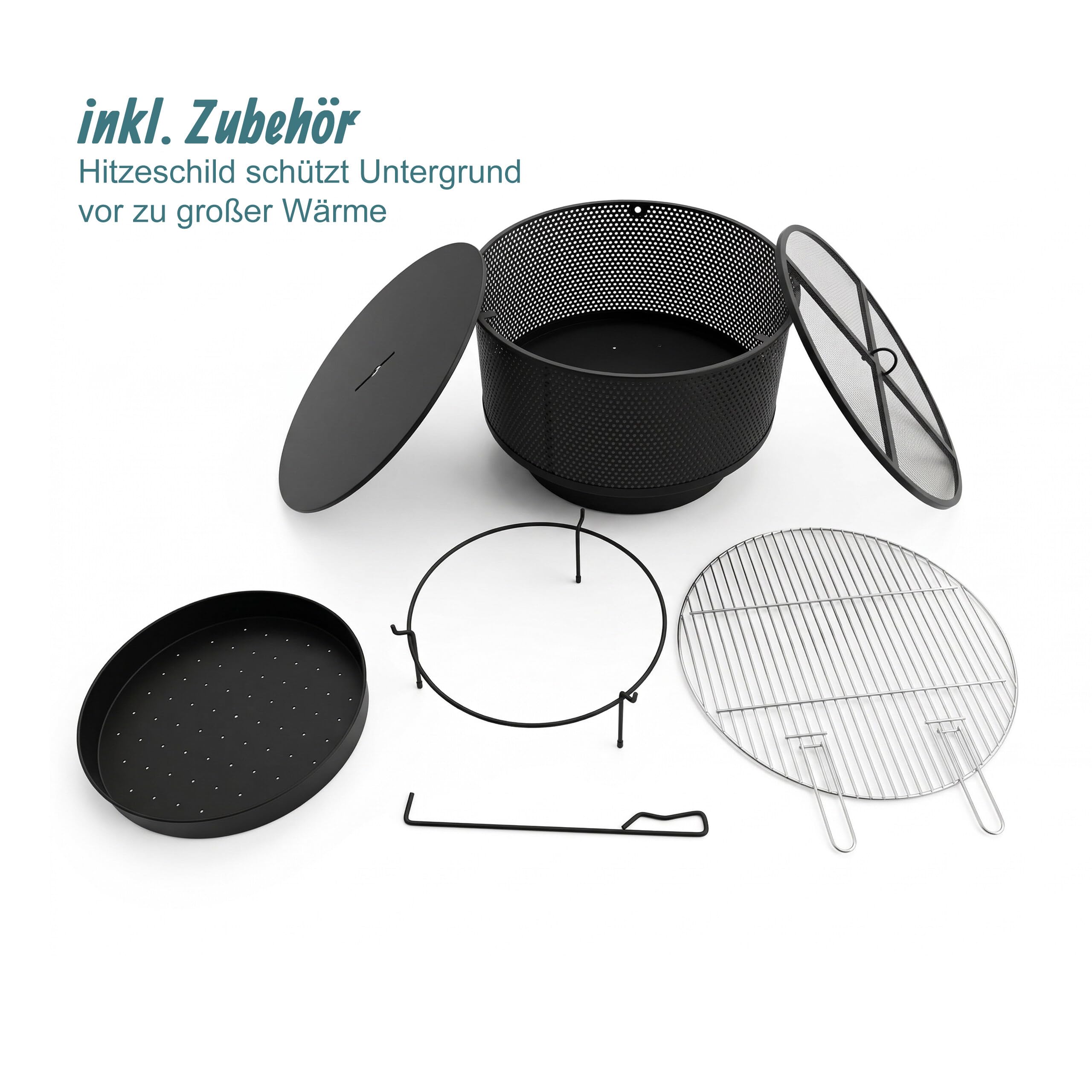 Relaxdays Feuerschale, Ø 61 cm, mit Grillrost, Funkenschutz & Schürhaken, 3 in 1 Feuerstelle Garten, Feuerkorb, schwarz