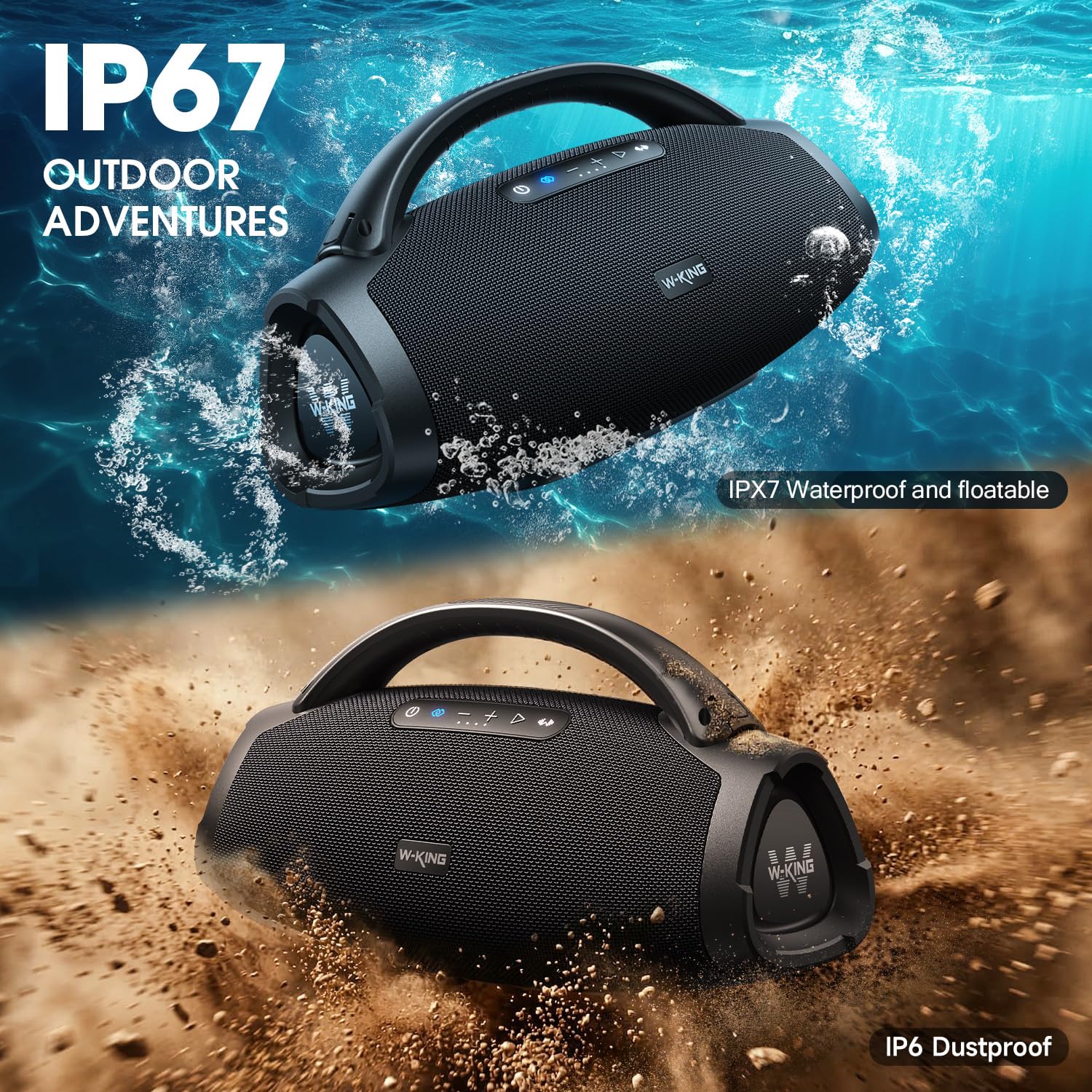 W-KING 330W Peak Bluetooth Lautsprecher Box Groß 200W RMS Tragbarer Lautsprecher Party mit 7.5" Subwoofer/40Hz Monströse Bässe/EQ APP/5-Treiber/2.1-CH/3-Wege/BT 5.4/IPX7/OTG/AUX, Musikbox für Outdoor