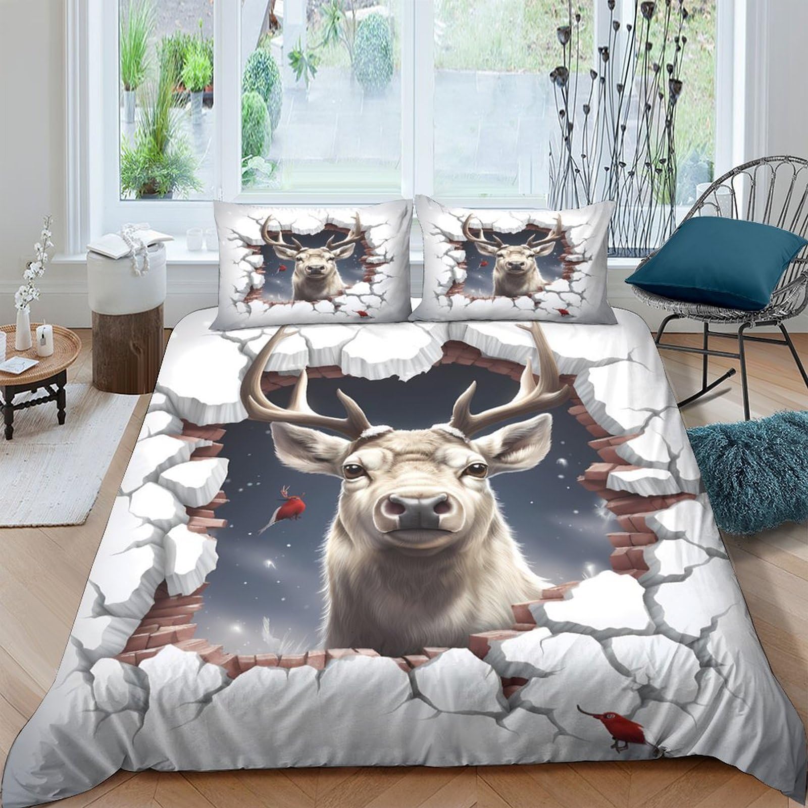 GPLZQXKJNH 3D Printed Deer Forest Duvet Cover Microfiber Soft Breathable Antler Animal Bedding Set with 2 Pillowcases for Bedroom Decor Single（135x200cm）