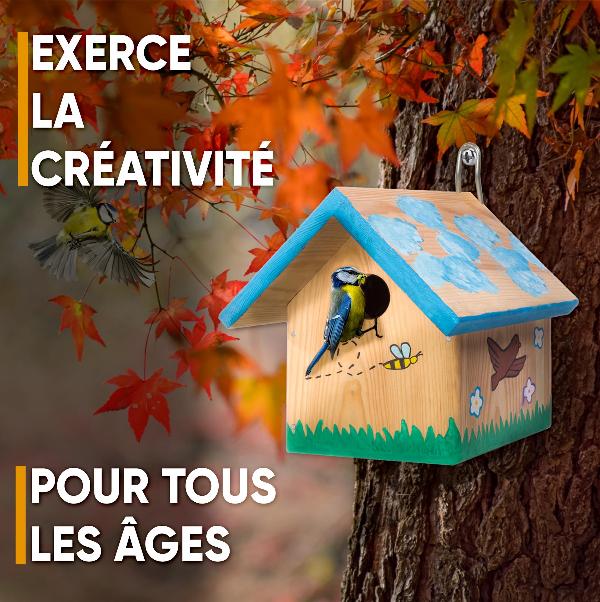 Mice&Co Maison d'Oiseau en Bois à Peindre | Kit Loisir Créatif DIY Jardin | Inclut 12 Peintures et 2 Pinceaux, Clous et Vis Inclus, Origine Européenne, Vrai Nichoir, Idée Cadeau